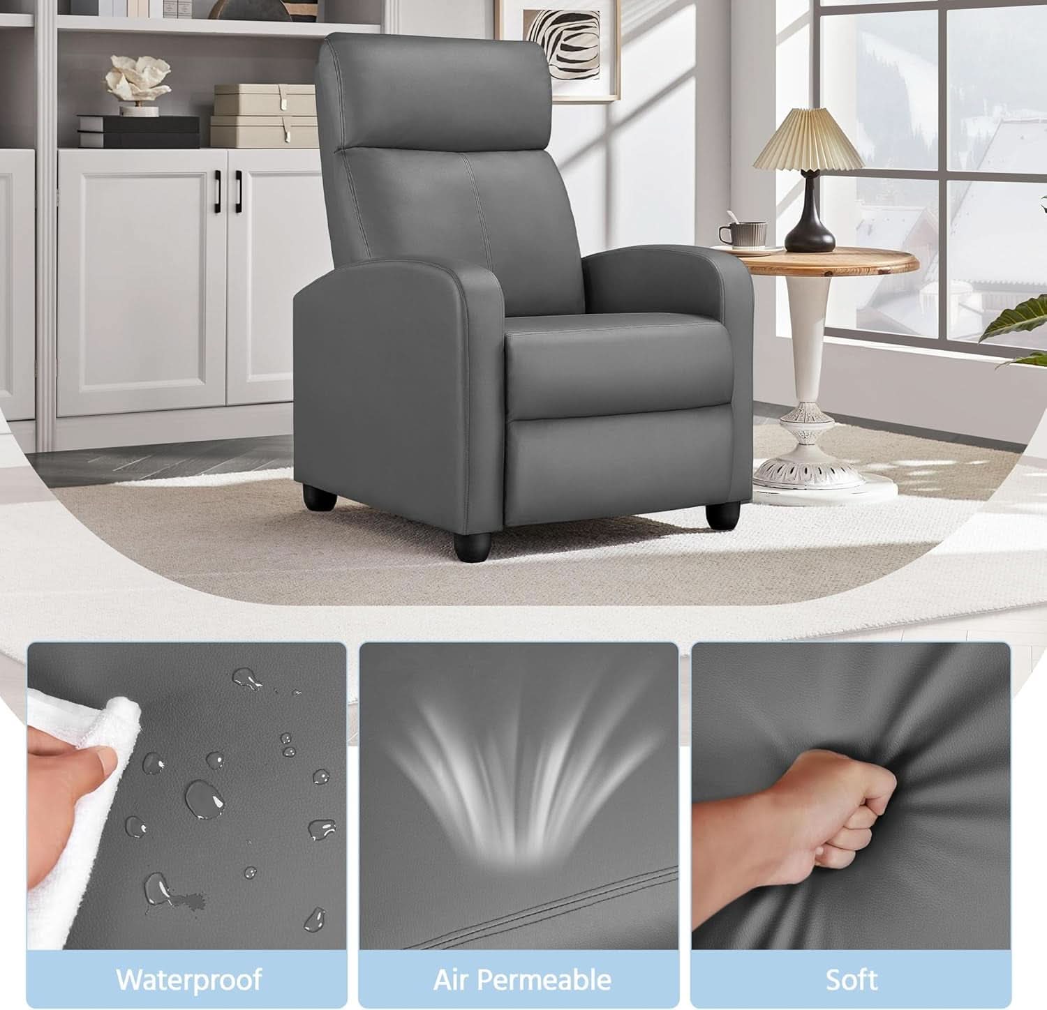 Gray PU Leather Recliner Chair With Lumbar Support