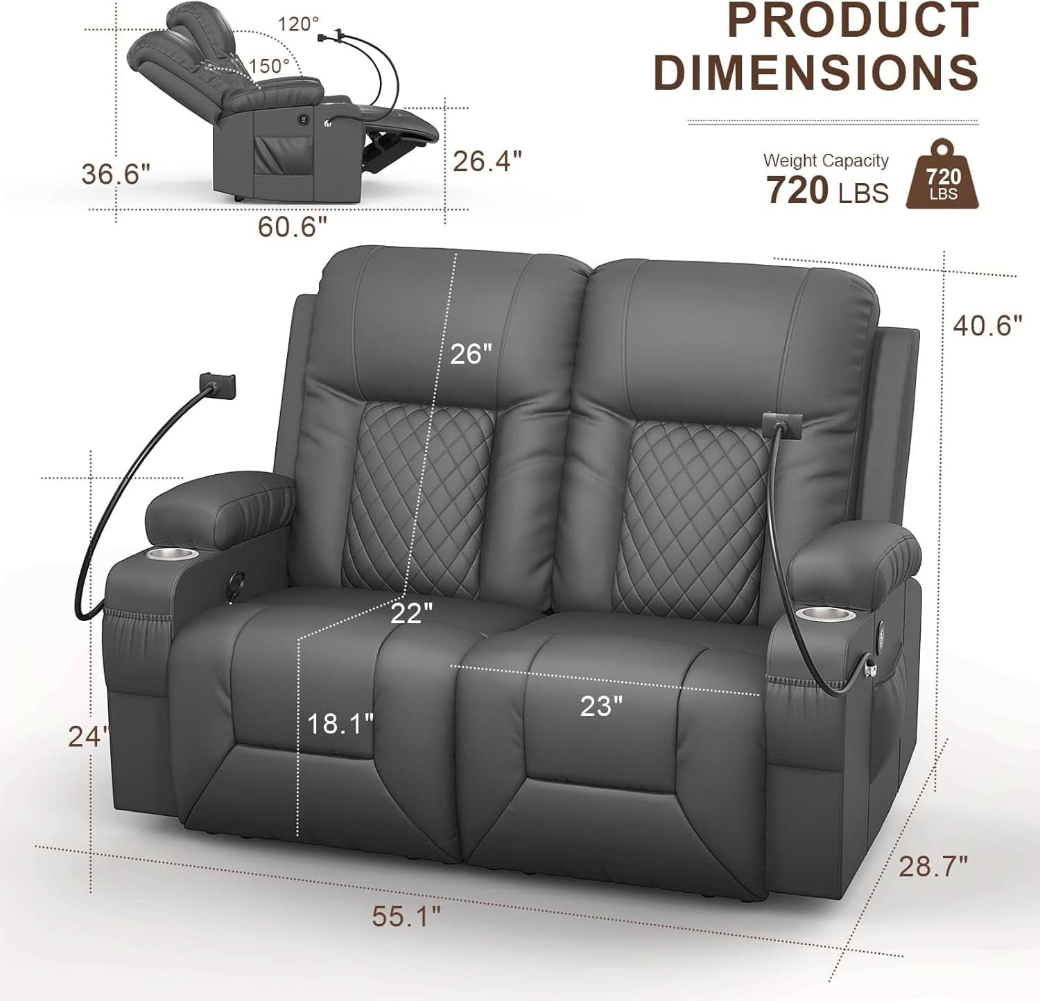 Gray PU Leather Two Seater Recliner Loveseat With USB Ports