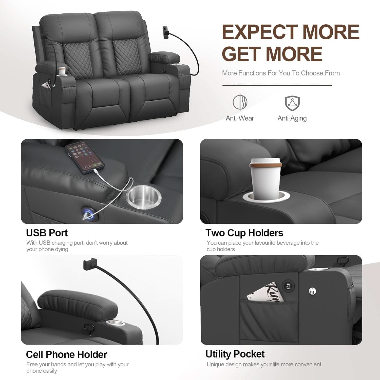 Gray PU Leather Two Seater Recliner Loveseat With USB Ports