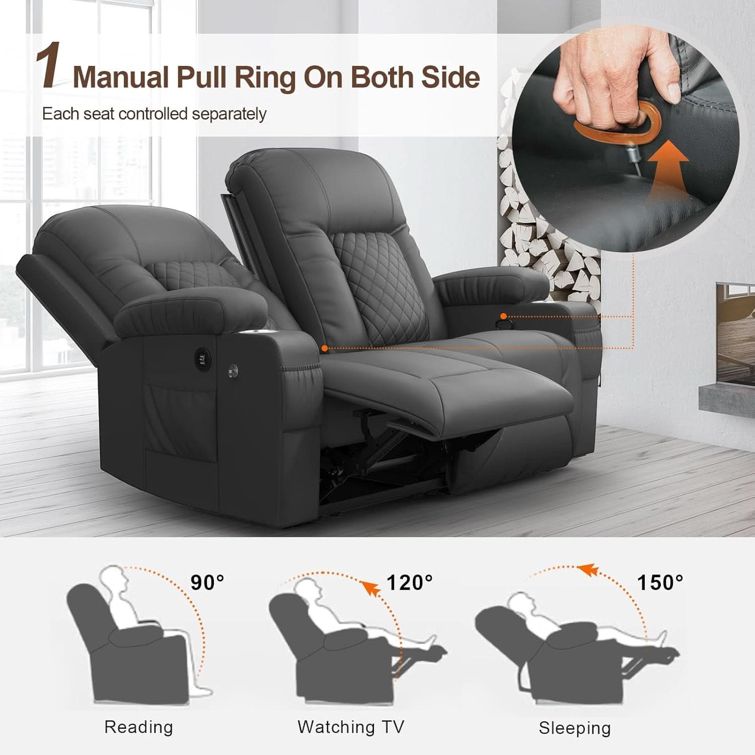 Gray PU Leather Two Seater Recliner Loveseat With USB Ports