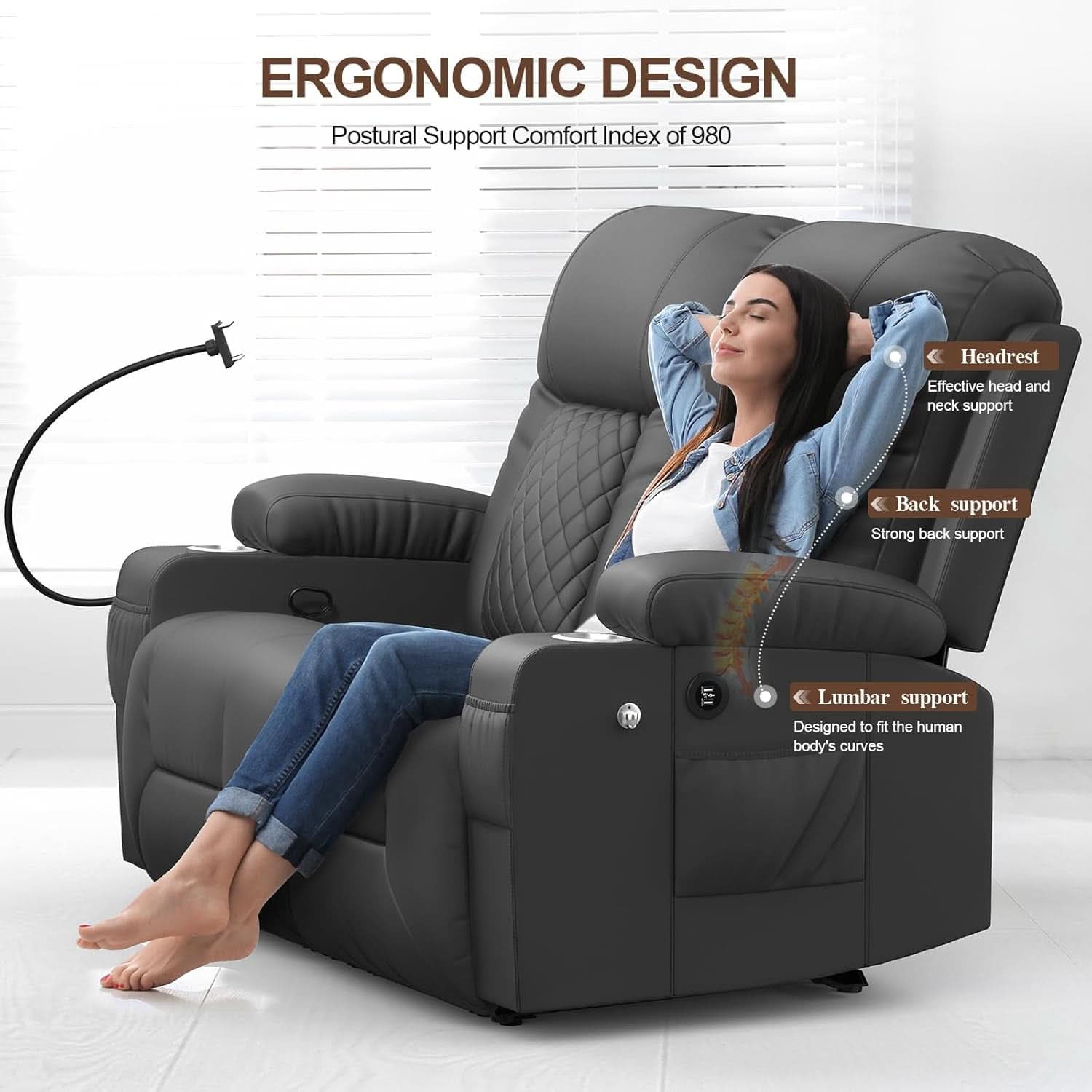 Gray PU Leather Two Seater Recliner Loveseat With USB Ports