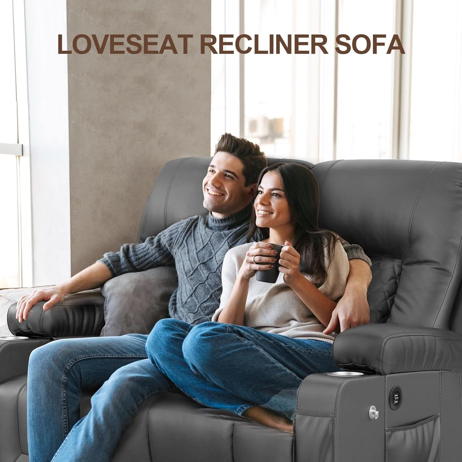 Gray PU Leather Two Seater Recliner Loveseat With USB Ports