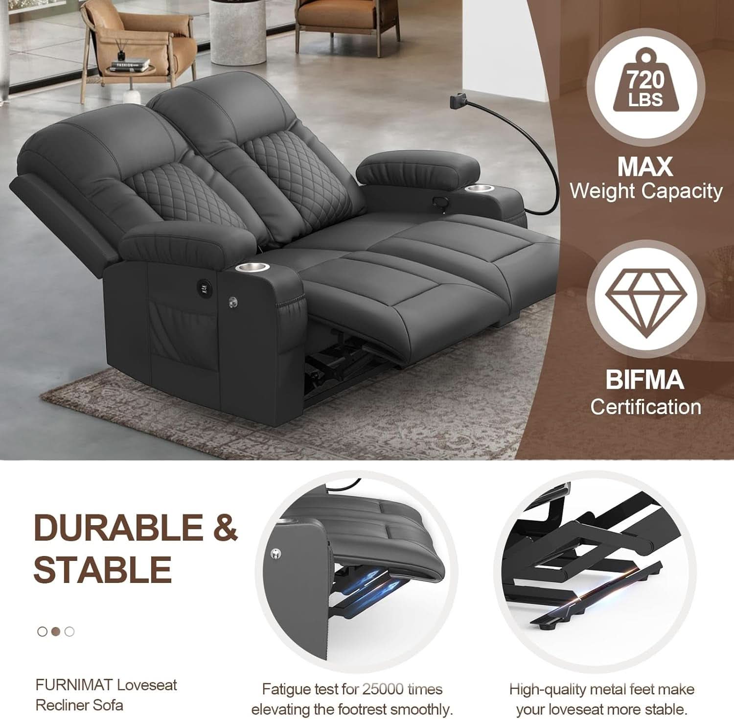 Gray PU Leather Two Seater Recliner Loveseat With USB Ports