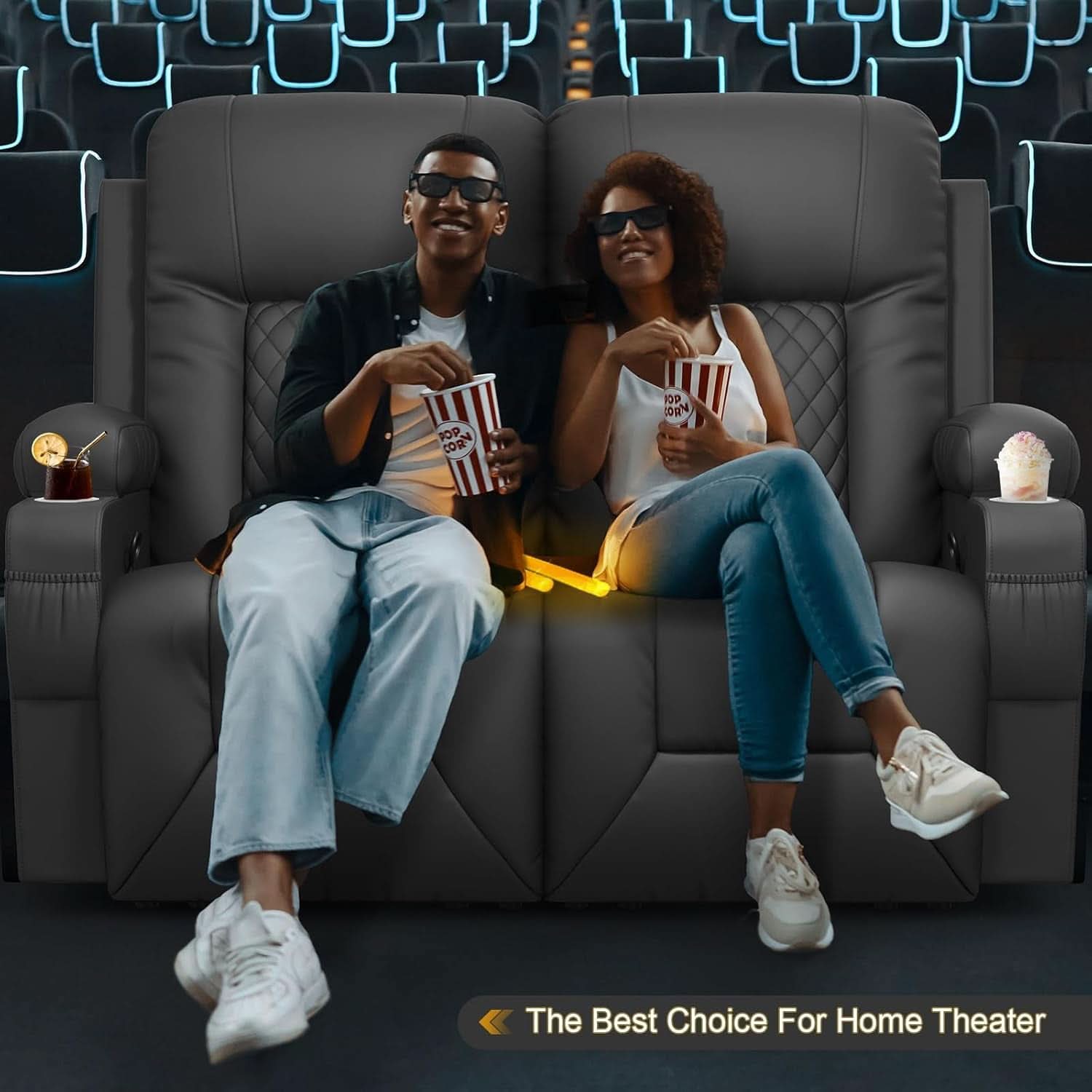 Gray PU Leather Two Seater Recliner Loveseat With USB Ports