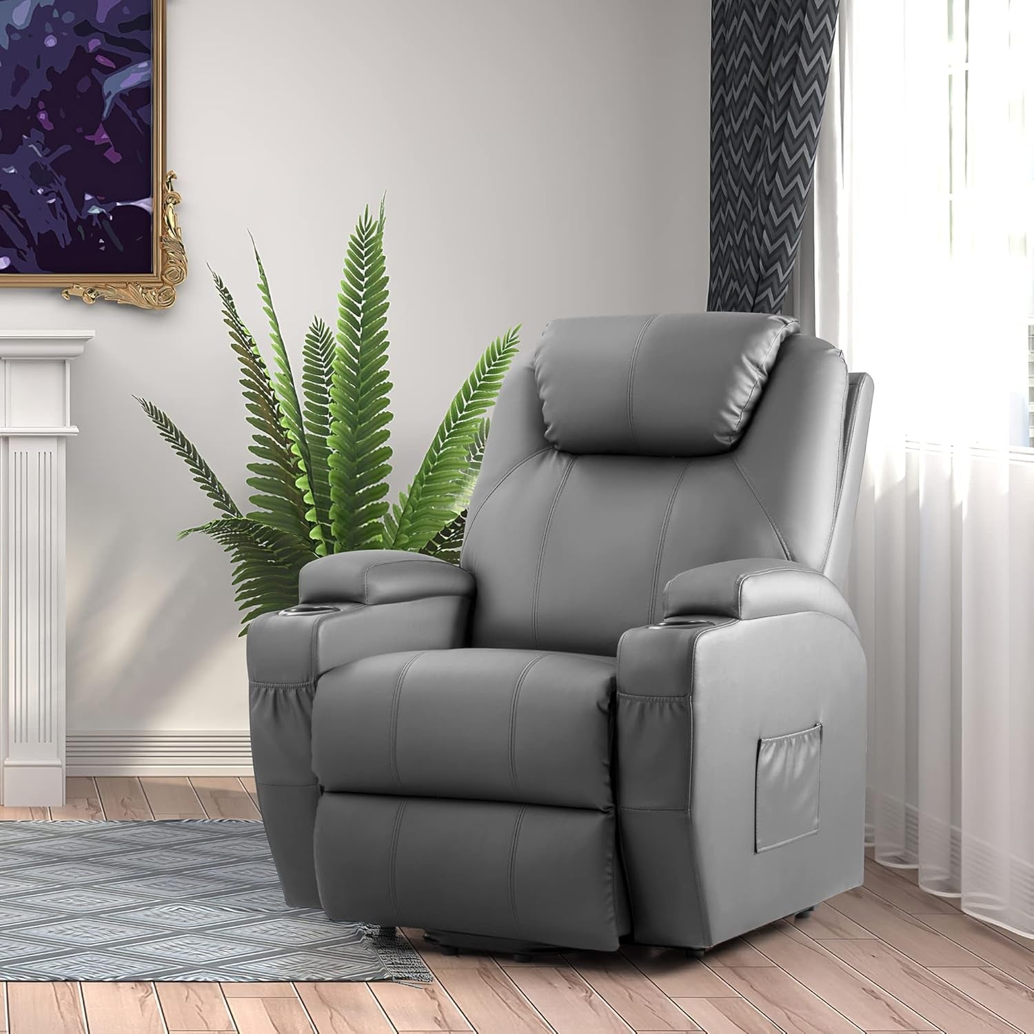 Gray Power Lift Recliner Chair With Massage And Cup Holders