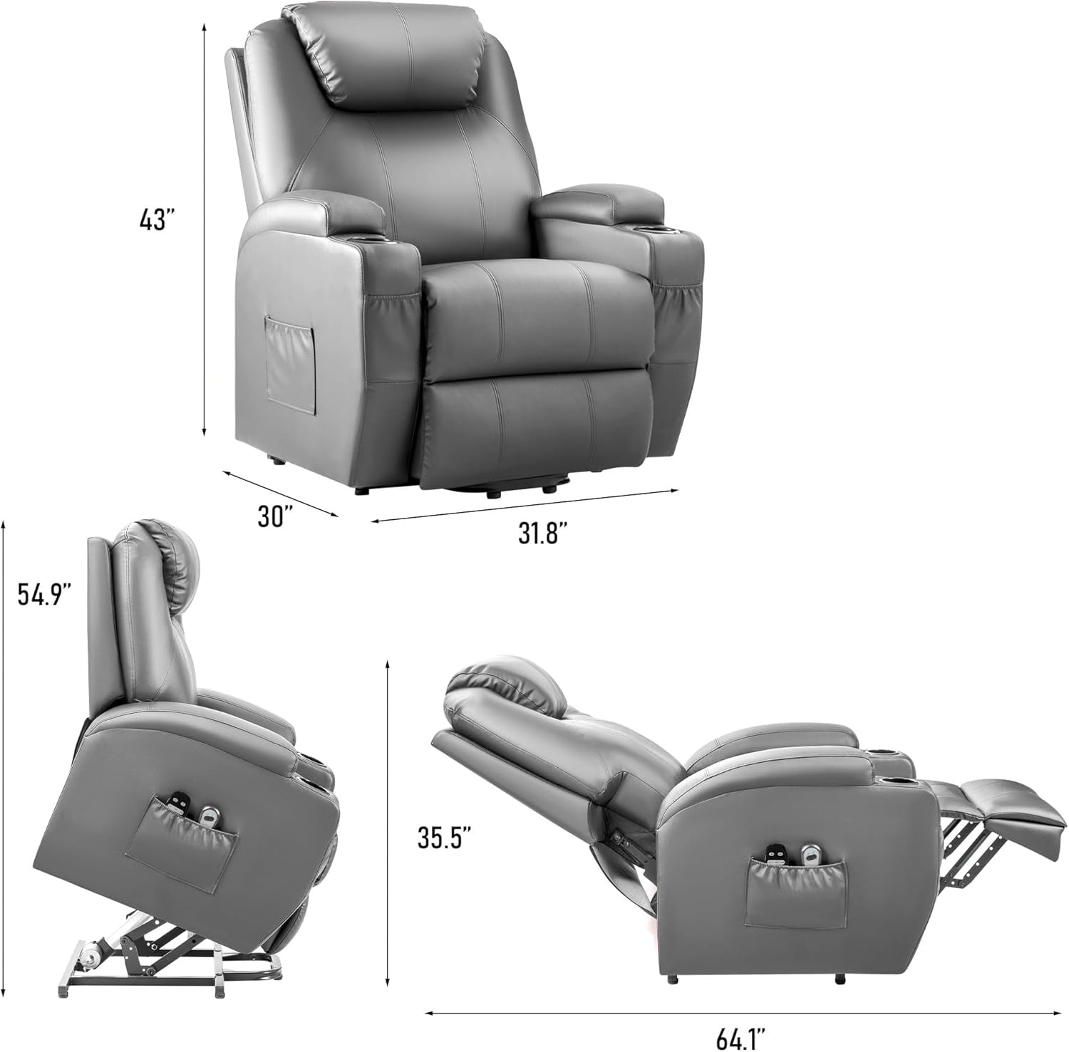Gray Power Lift Recliner Chair With Massage And Cup Holders