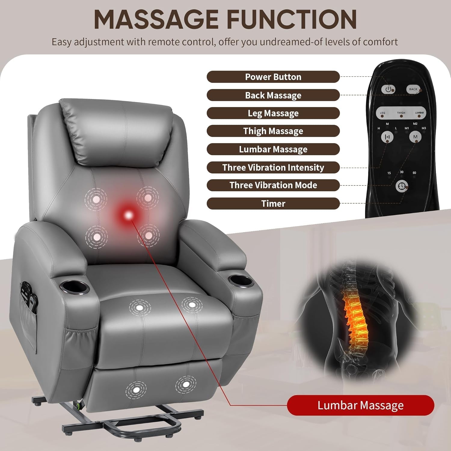 Gray Power Lift Recliner Chair With Massage And Cup Holders