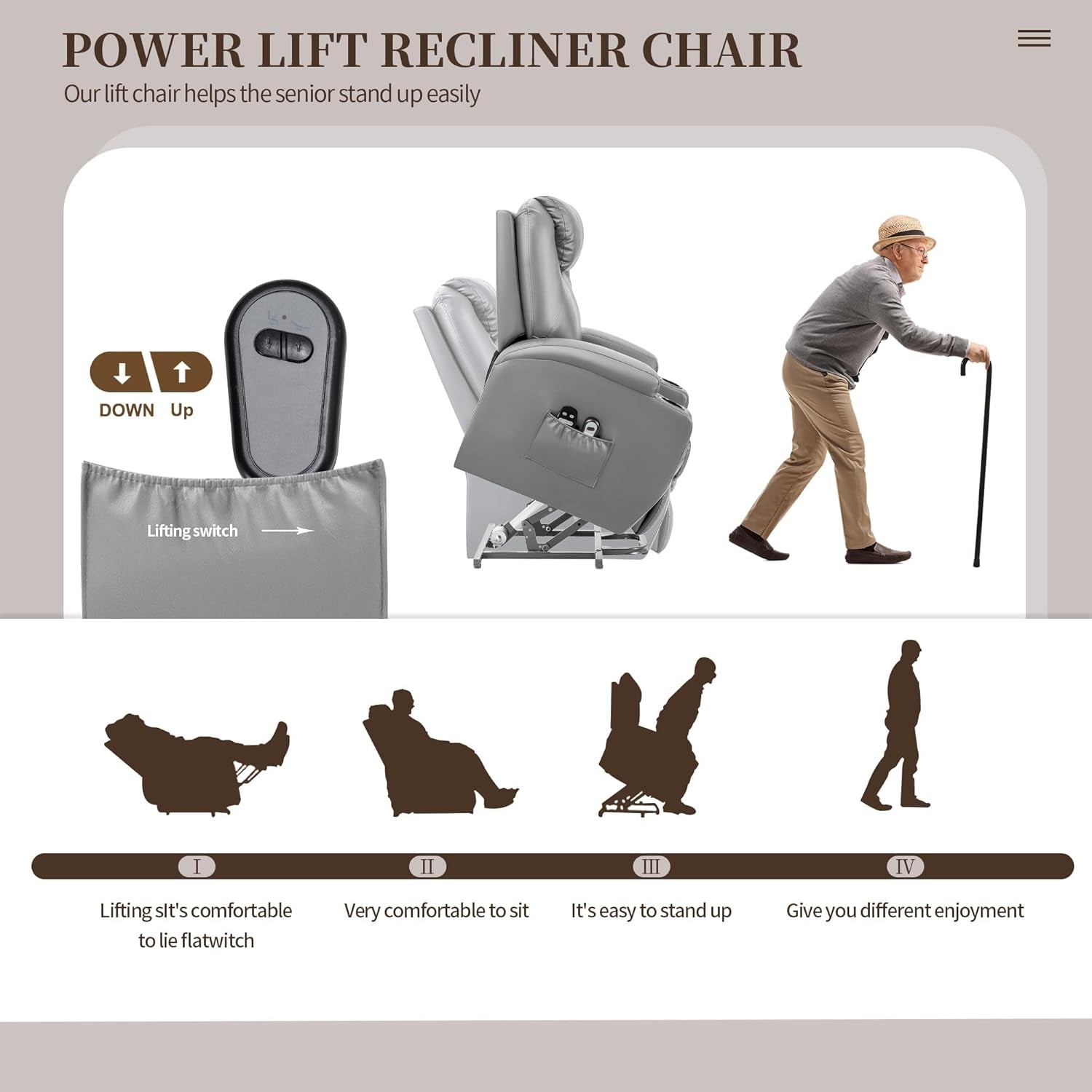 Gray Power Lift Recliner Chair With Massage And Cup Holders