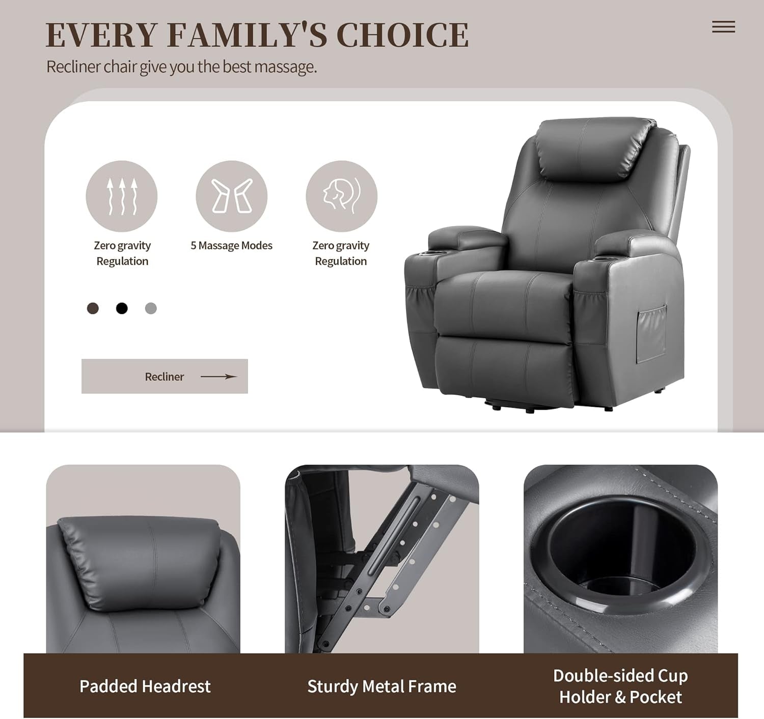 Gray Power Lift Recliner Chair With Massage And Cup Holders