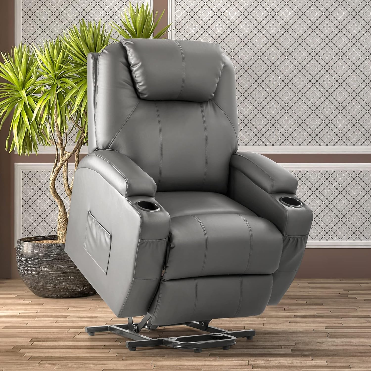 Gray Power Lift Recliner Chair With Massage And Cup Holders