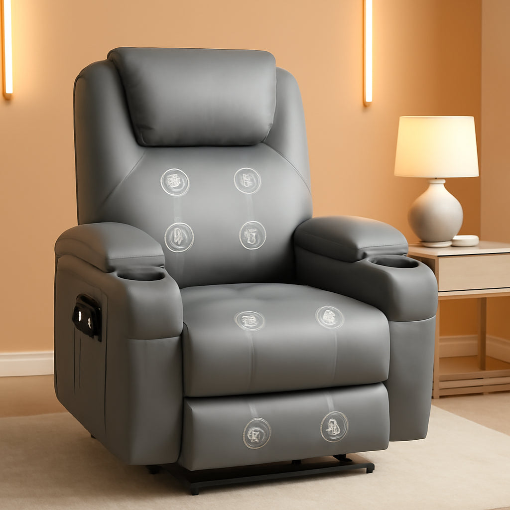 Gray Power Lift Recliner Chair With Massage And Cup Holders