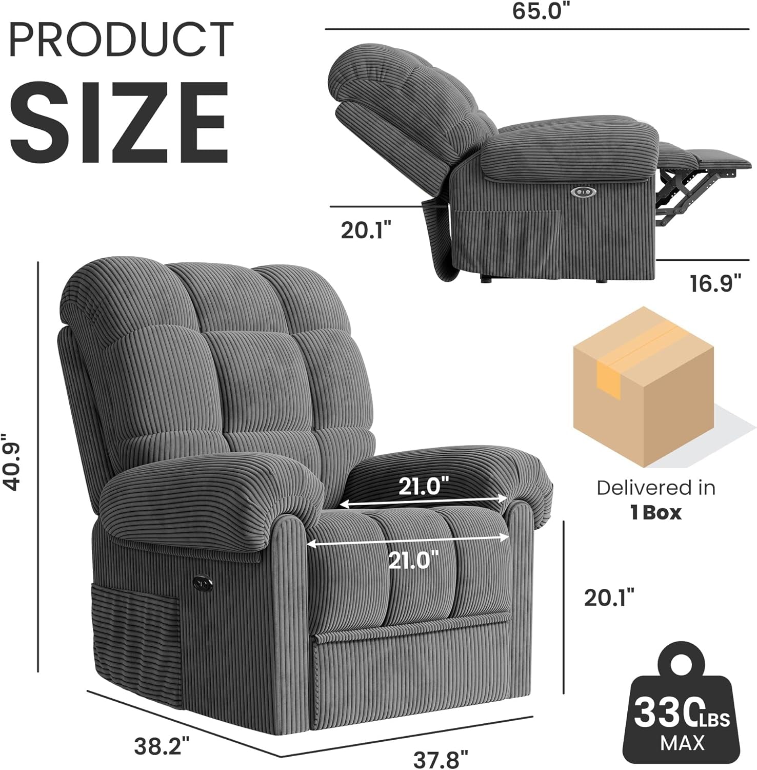 Gray Power Recliner Chair With USB Port For Living Room