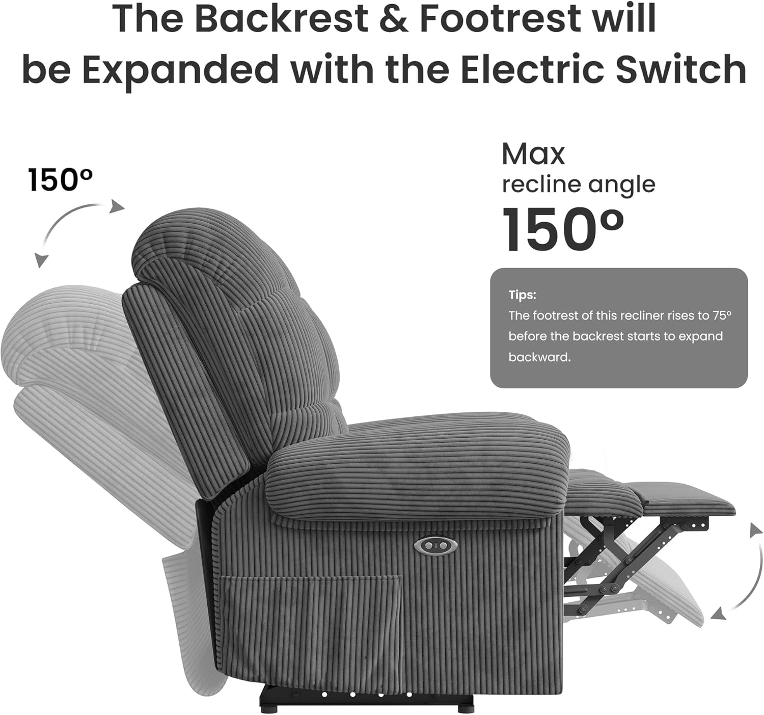 Gray Power Recliner Chair With USB Port For Living Room