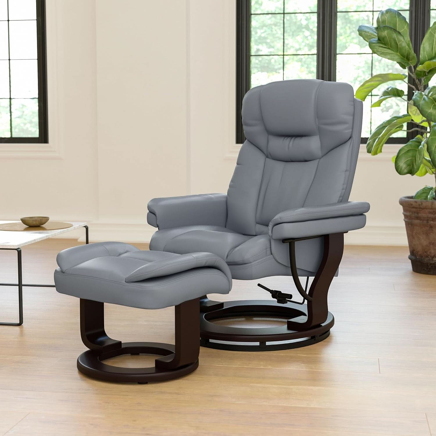 Gray Recliner With Swivel Mahogany Base And Ottoman