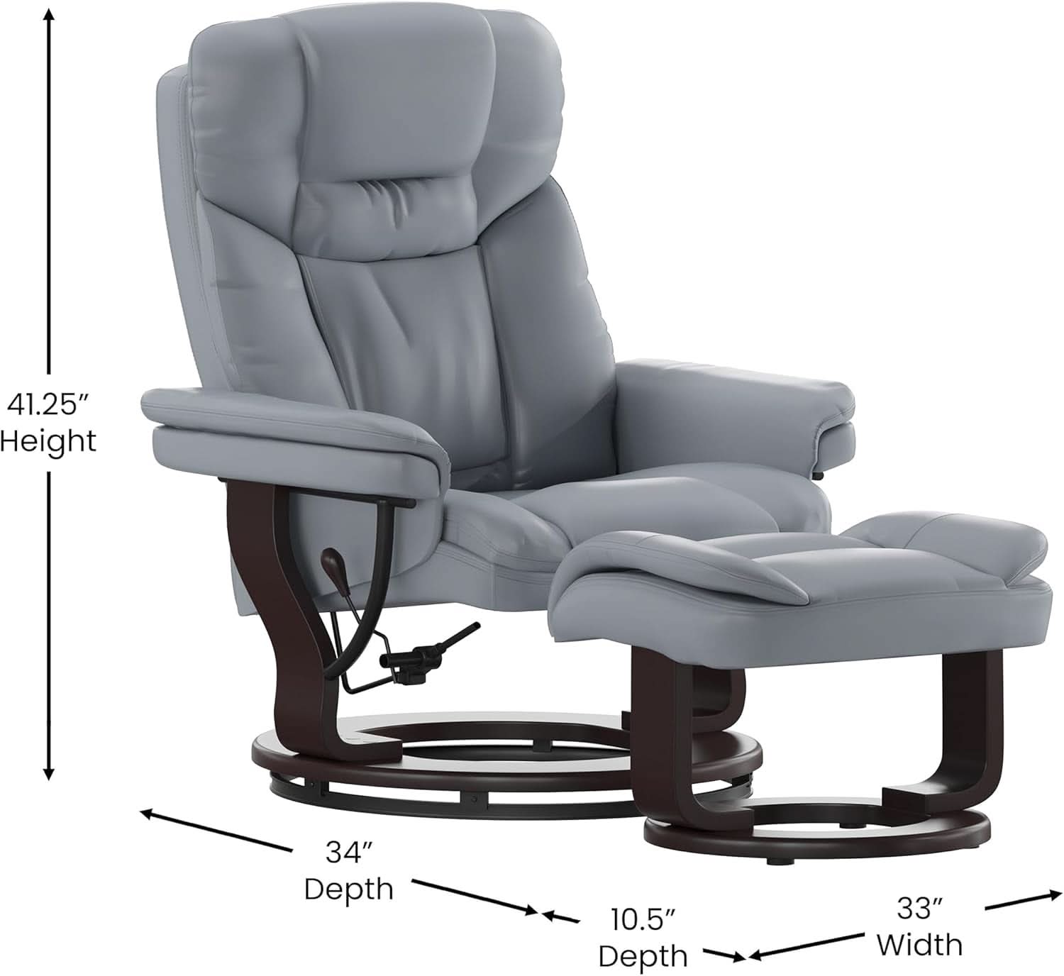Gray Recliner With Swivel Mahogany Base And Ottoman