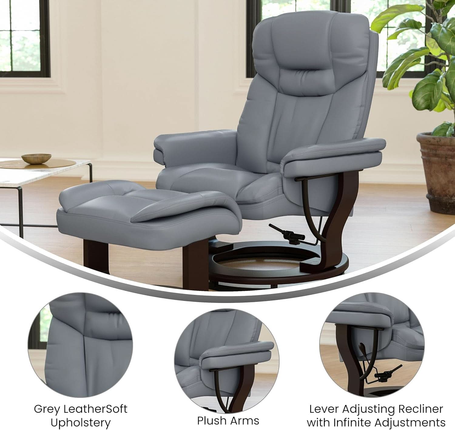 Gray Recliner With Swivel Mahogany Base And Ottoman