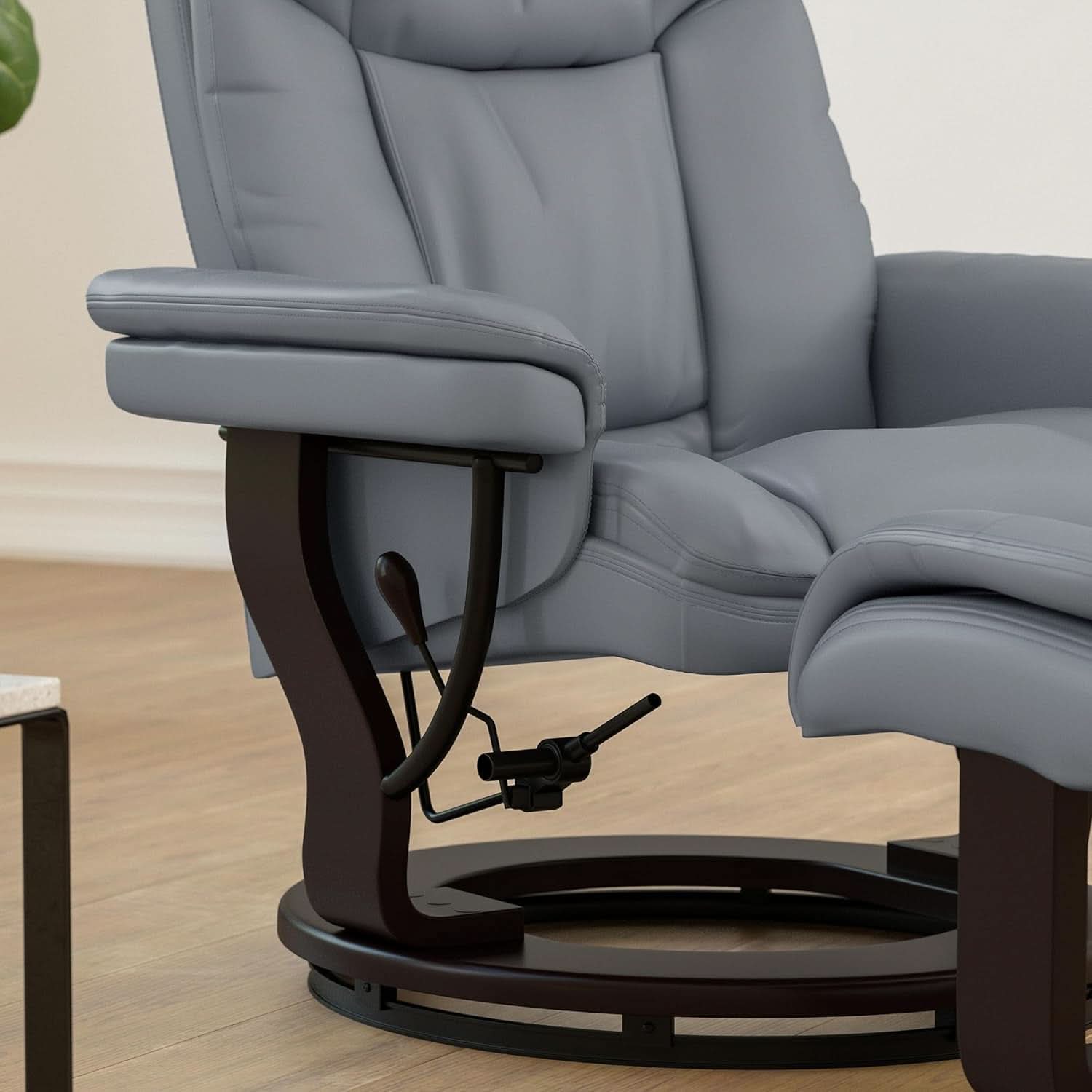 Gray Recliner With Swivel Mahogany Base And Ottoman