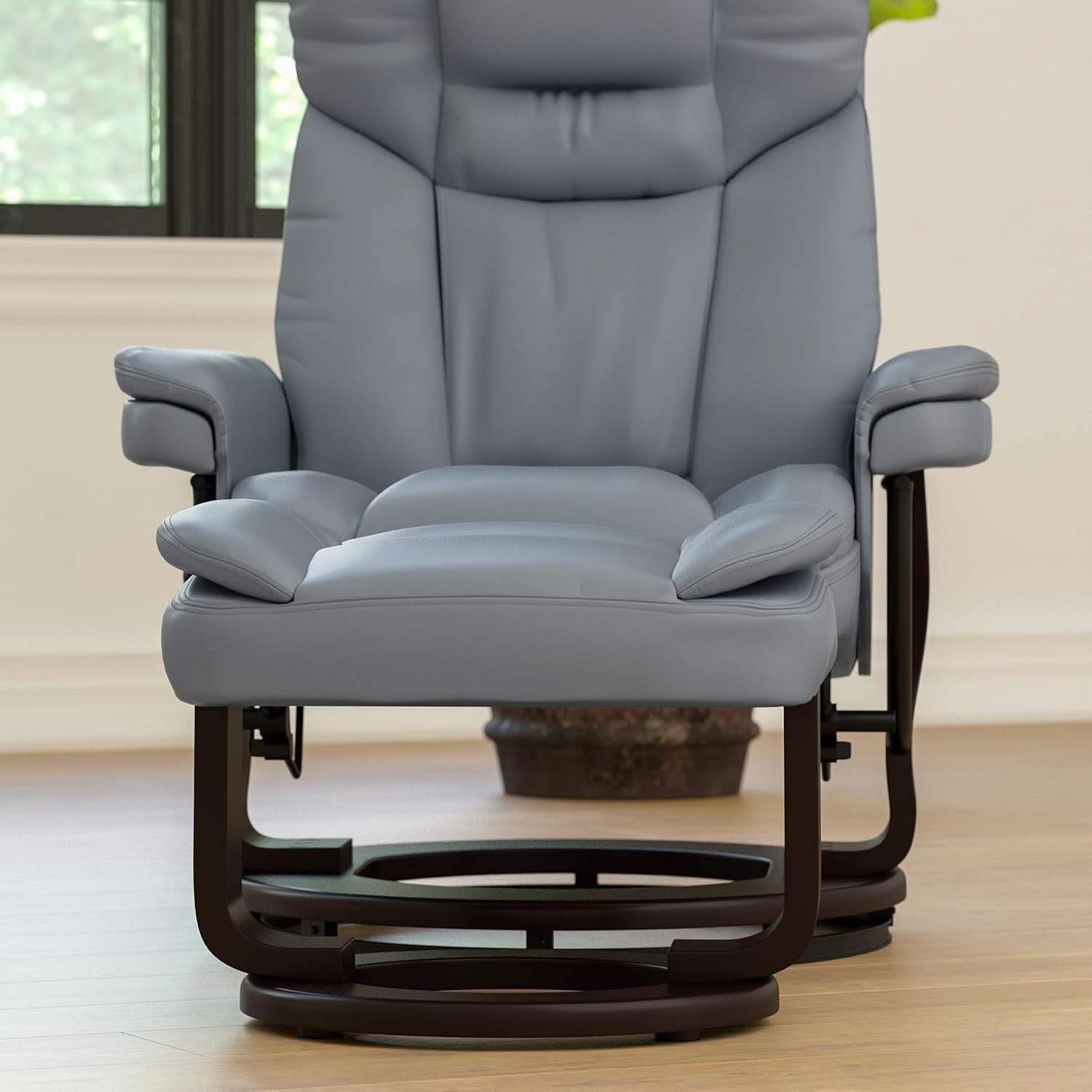 Gray Recliner With Swivel Mahogany Base And Ottoman
