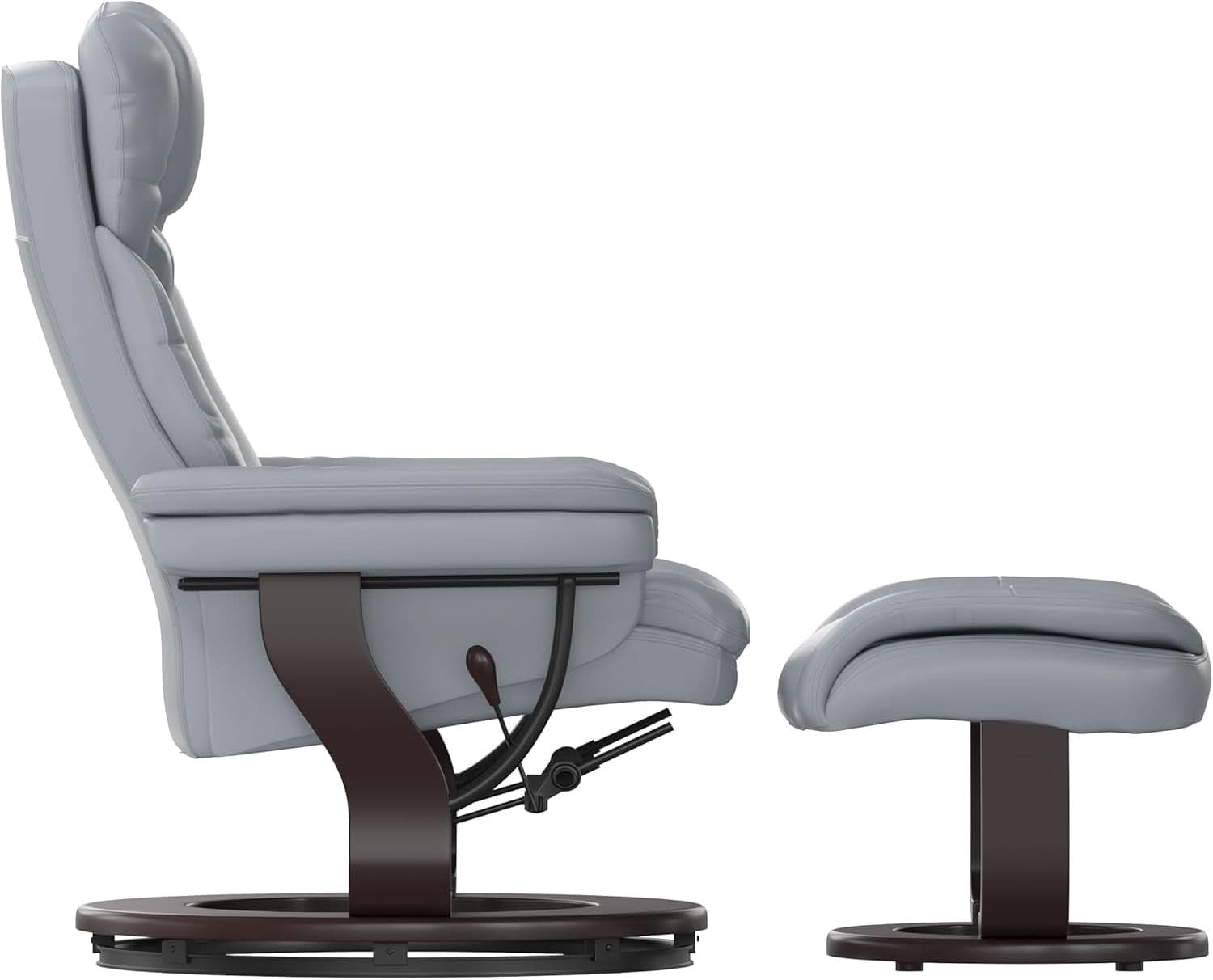 Gray Recliner With Swivel Mahogany Base And Ottoman
