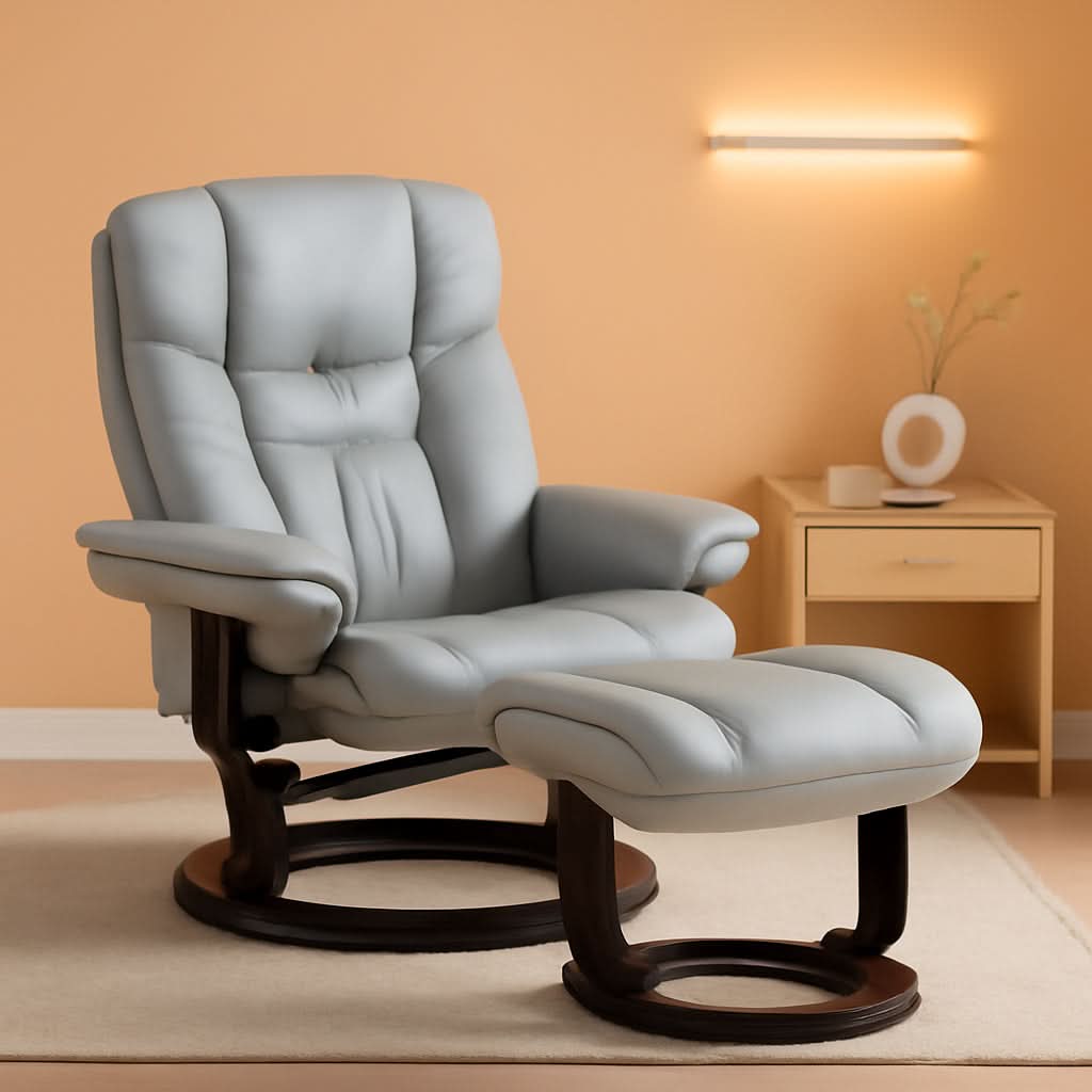 Gray Recliner With Swivel Mahogany Base And Ottoman