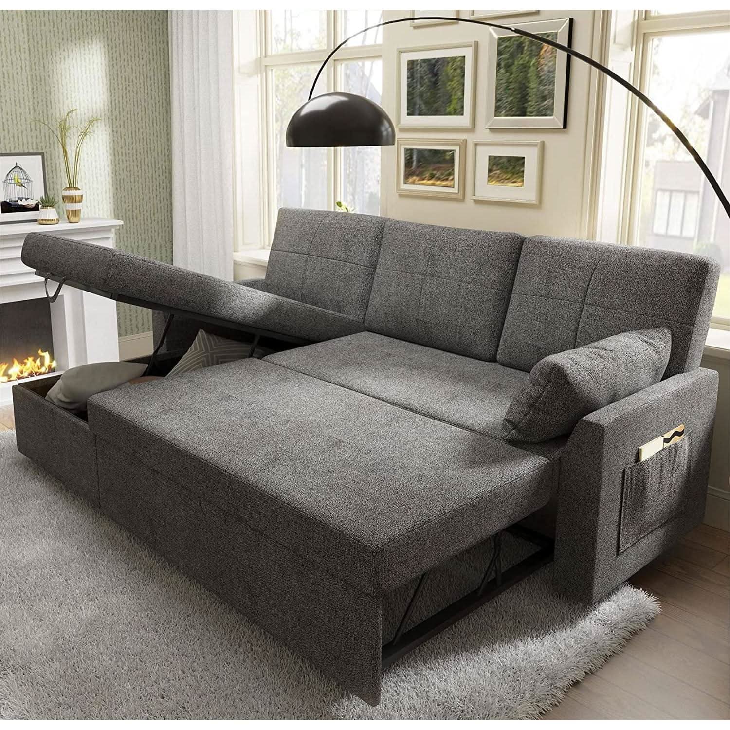Gray Sectional Sleeper Sofa With Storage Chaise Bed