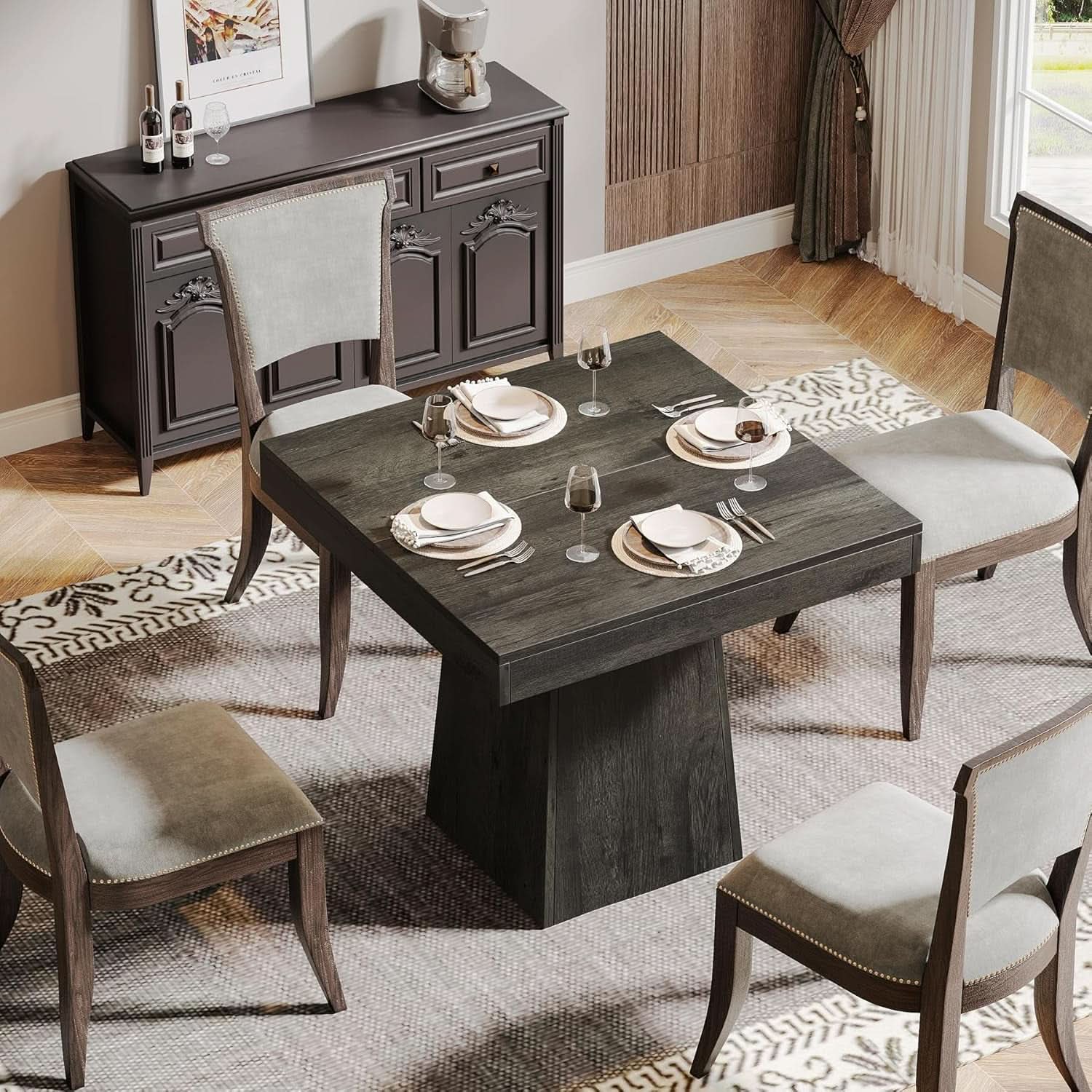 Gray Square Dining Table 31.5 Inch Waterproof Top Seats 4