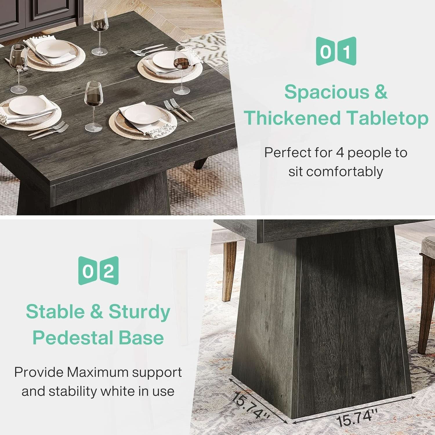 Gray Square Dining Table 31.5 Inch Waterproof Top Seats 4
