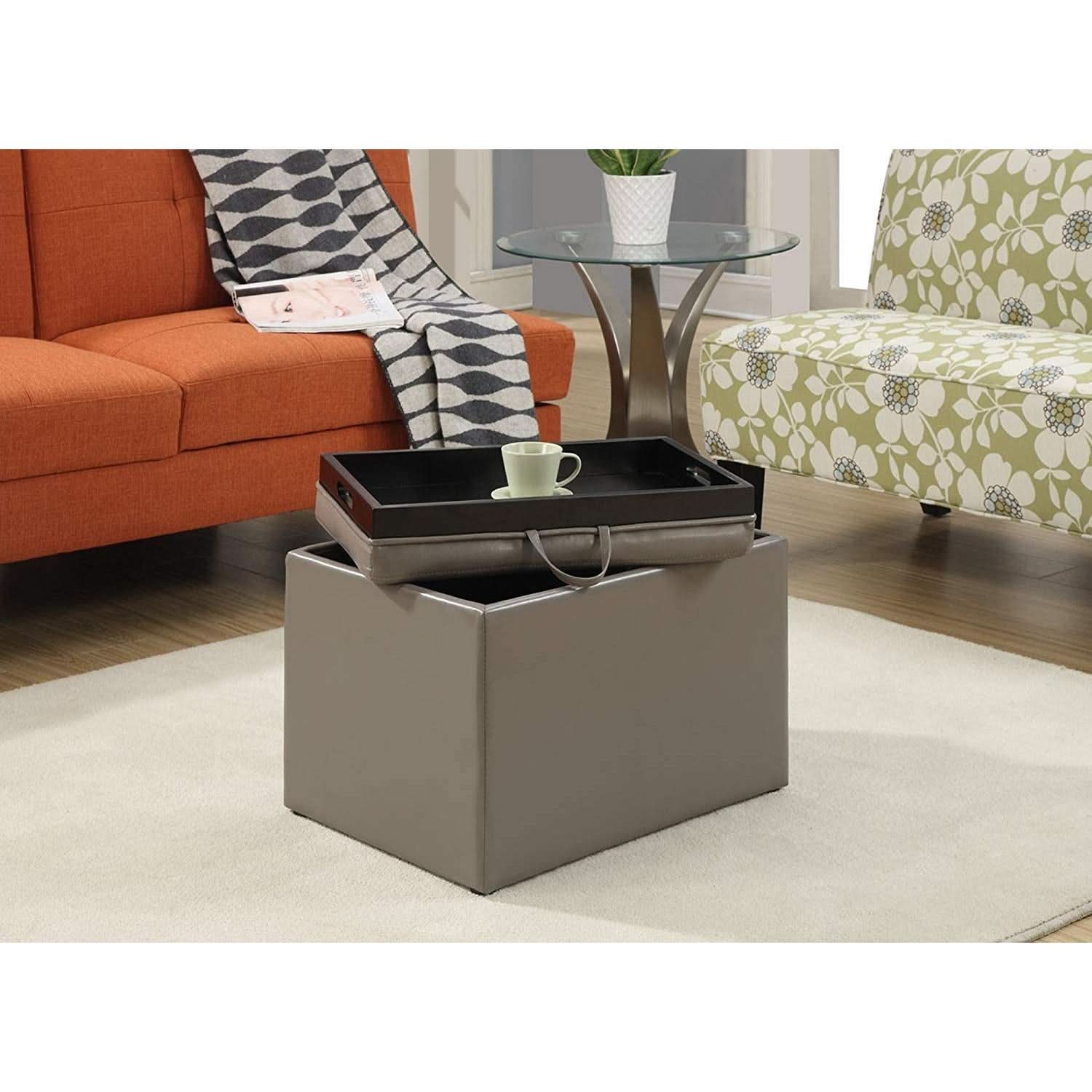 Gray Storage Ottoman With Reversible Tray Top Modern Design