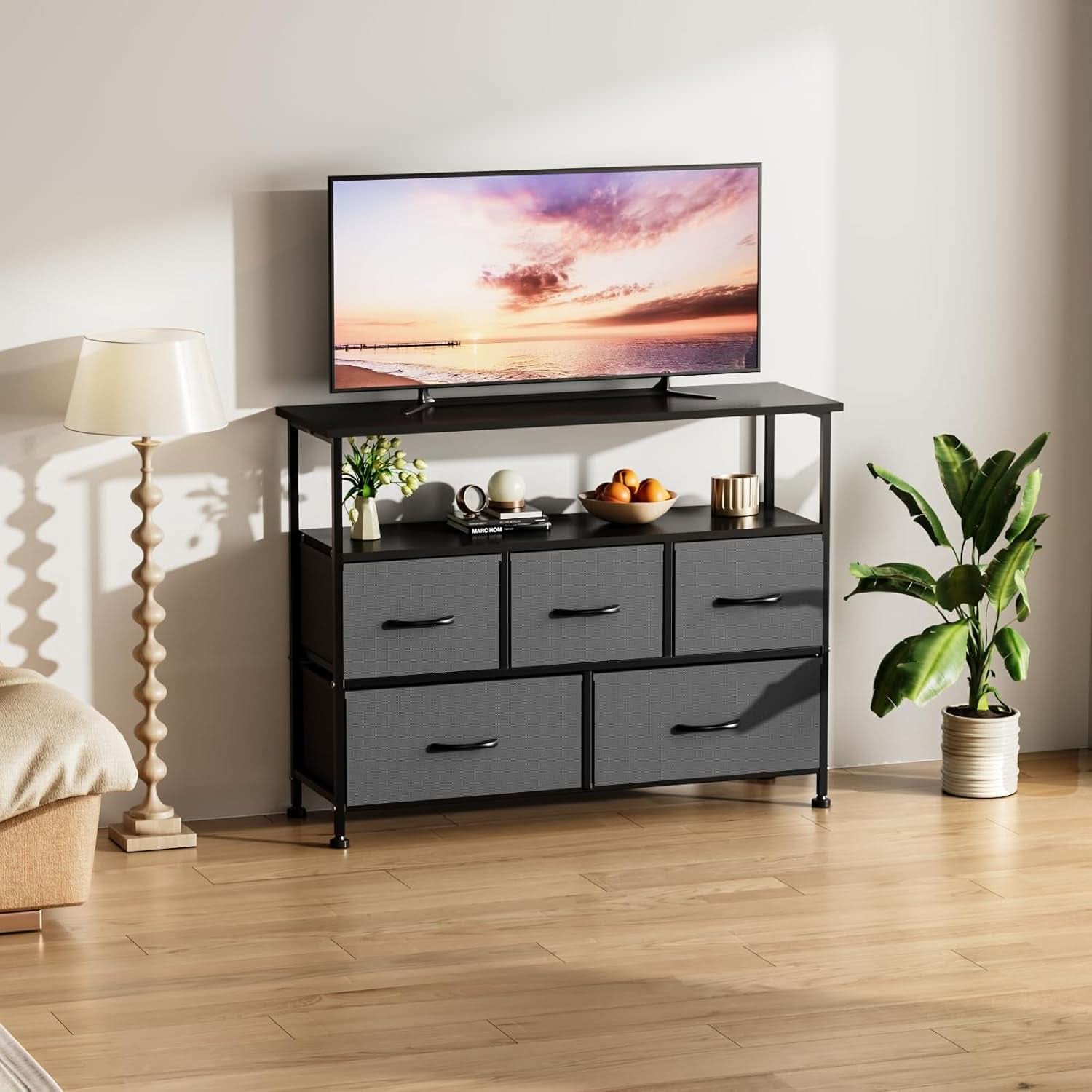 Gray TV Stand With Fabric Drawers And Wood Top 45 Inch