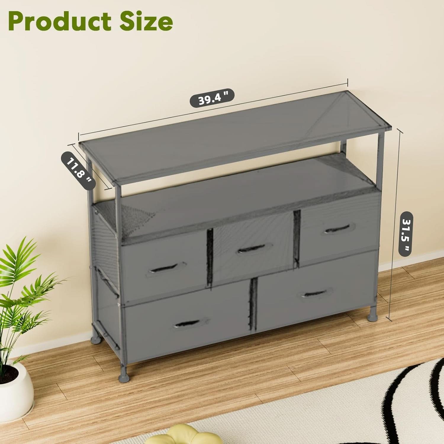 Gray TV Stand With Fabric Drawers And Wood Top 45 Inch