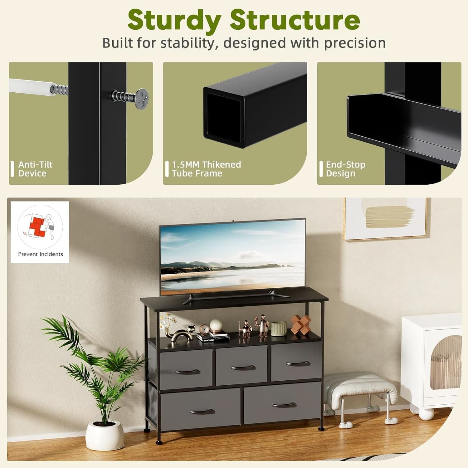 Gray TV Stand With Fabric Drawers And Wood Top 45 Inch