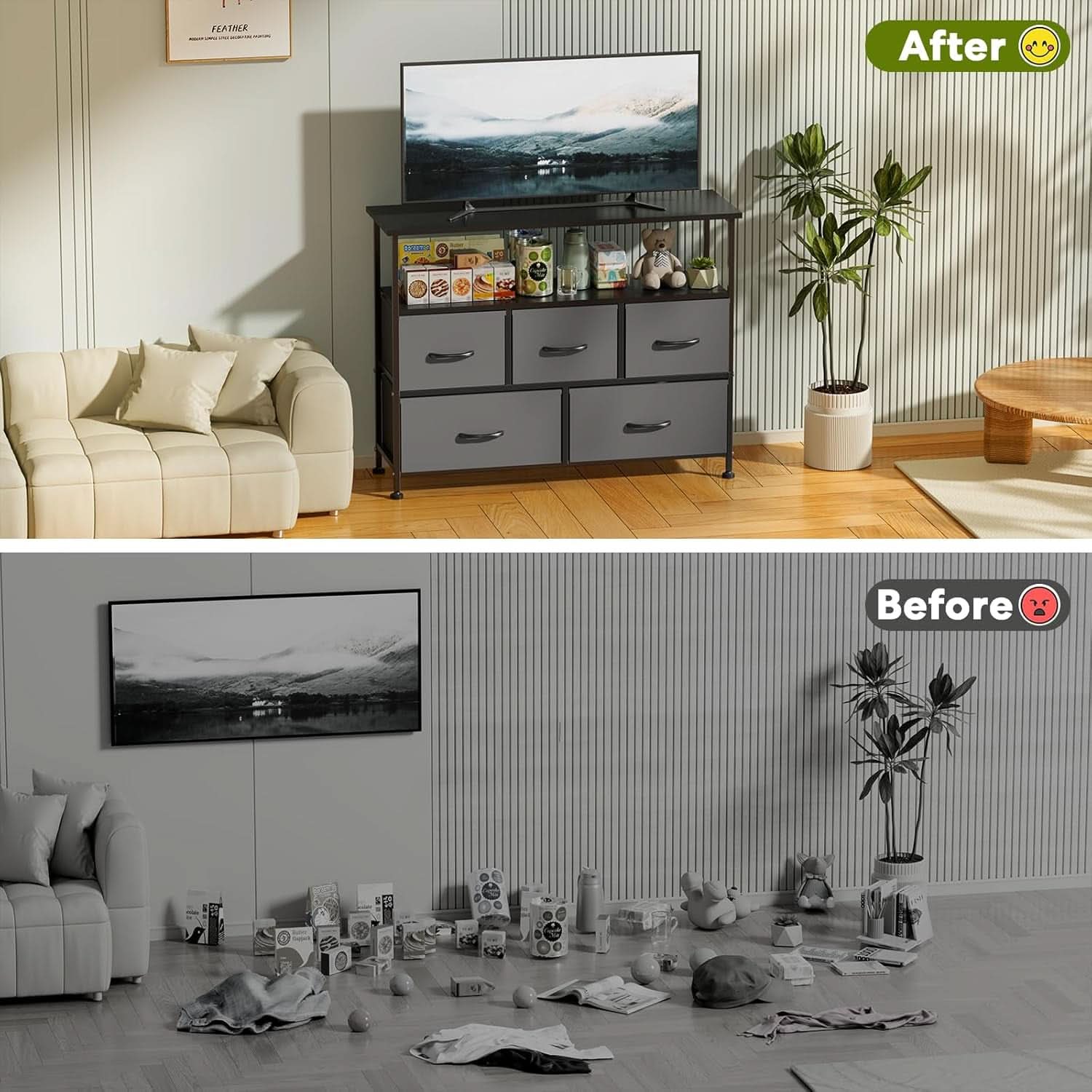 Gray TV Stand With Fabric Drawers And Wood Top 45 Inch