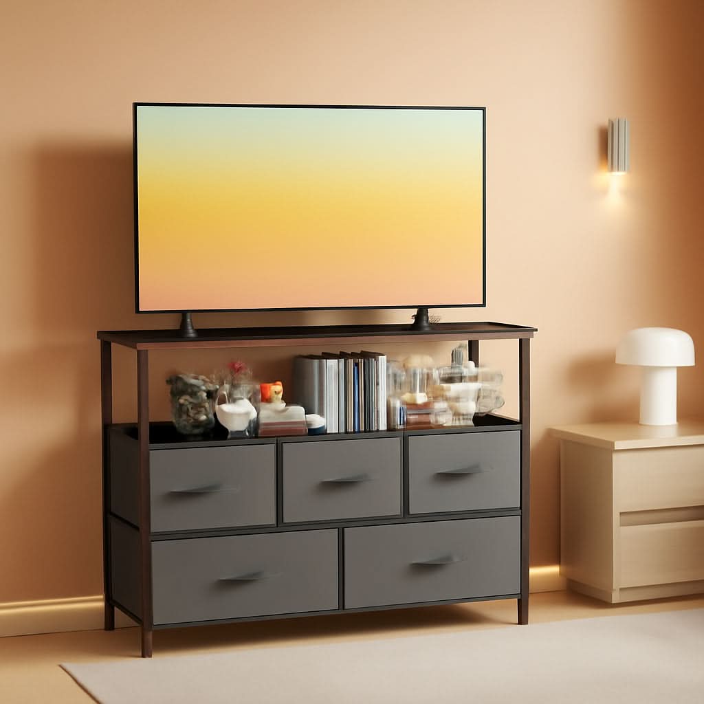 Gray TV Stand With Fabric Drawers And Wood Top 45 Inch