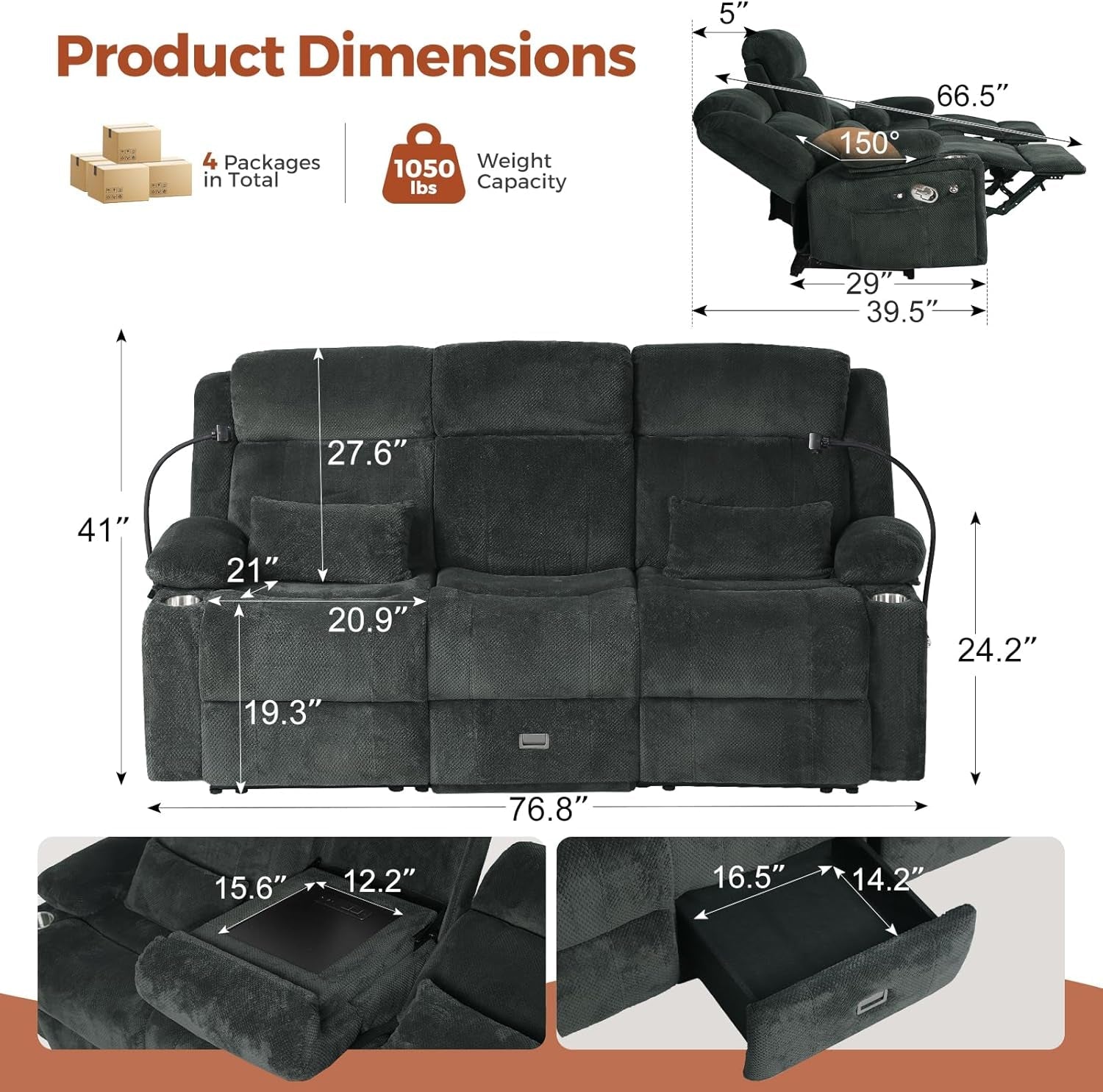 Gray Three Seater Manual Recliner Sofa With Flip Backrest