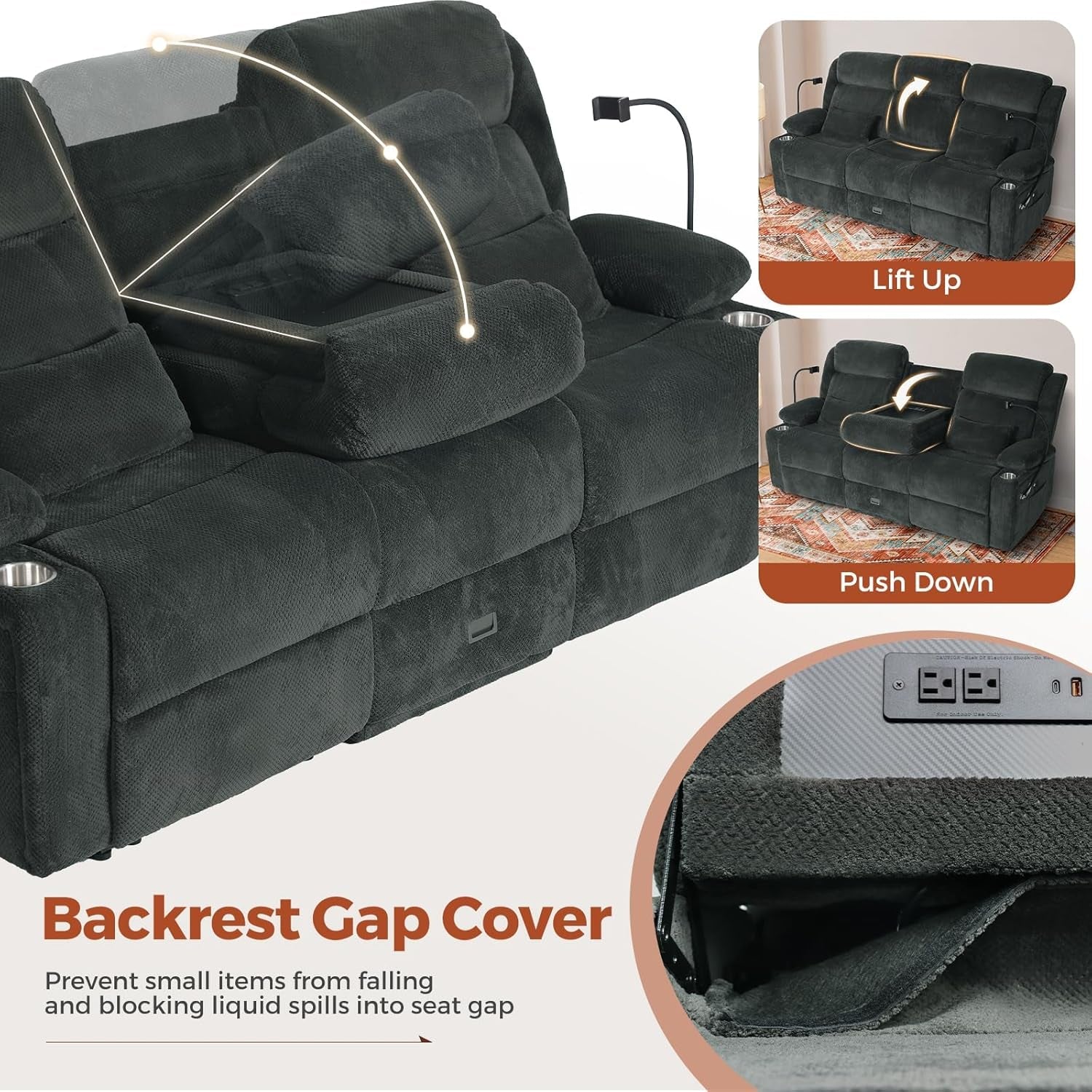 Gray Three Seater Manual Recliner Sofa With Flip Backrest