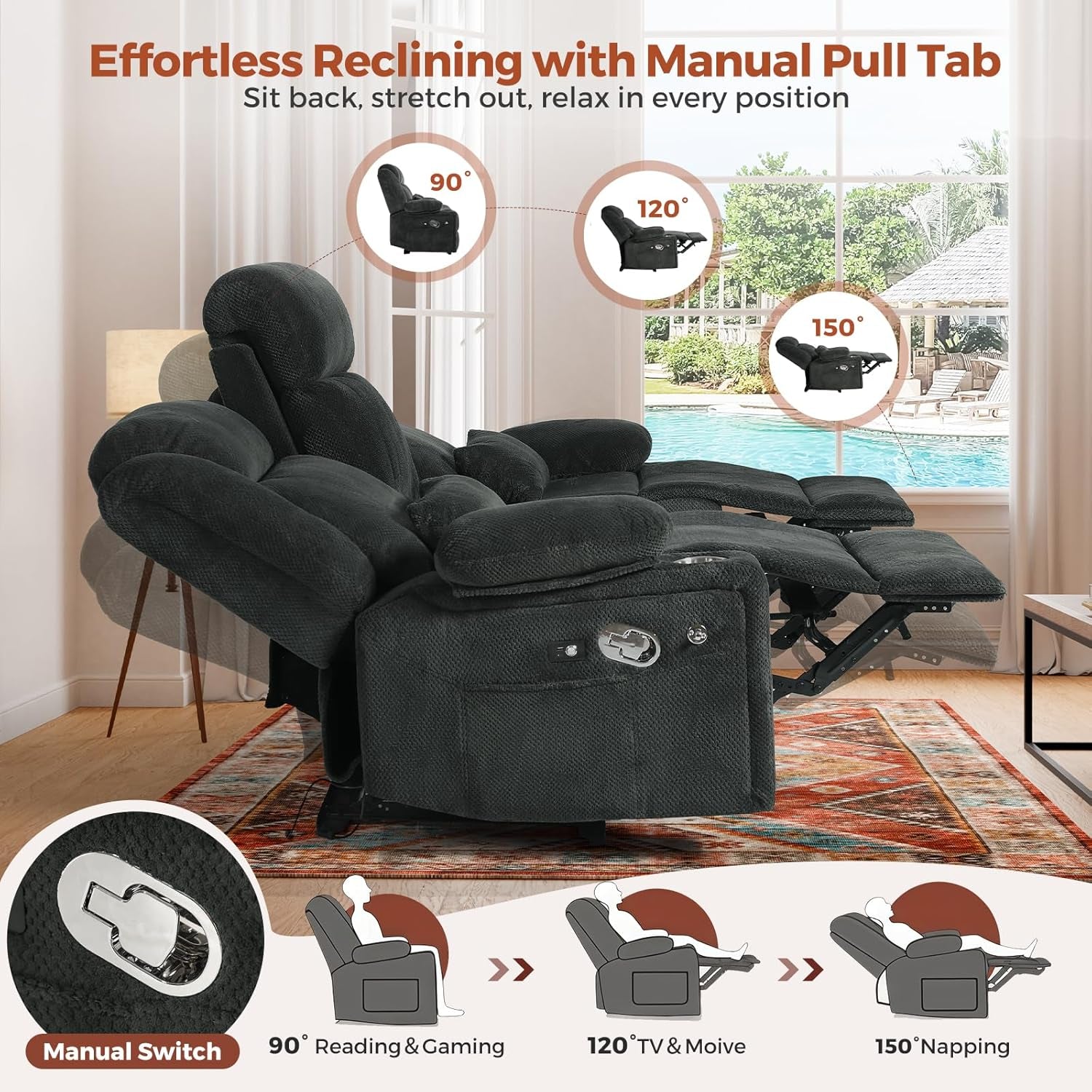 Gray Three Seater Manual Recliner Sofa With Flip Backrest