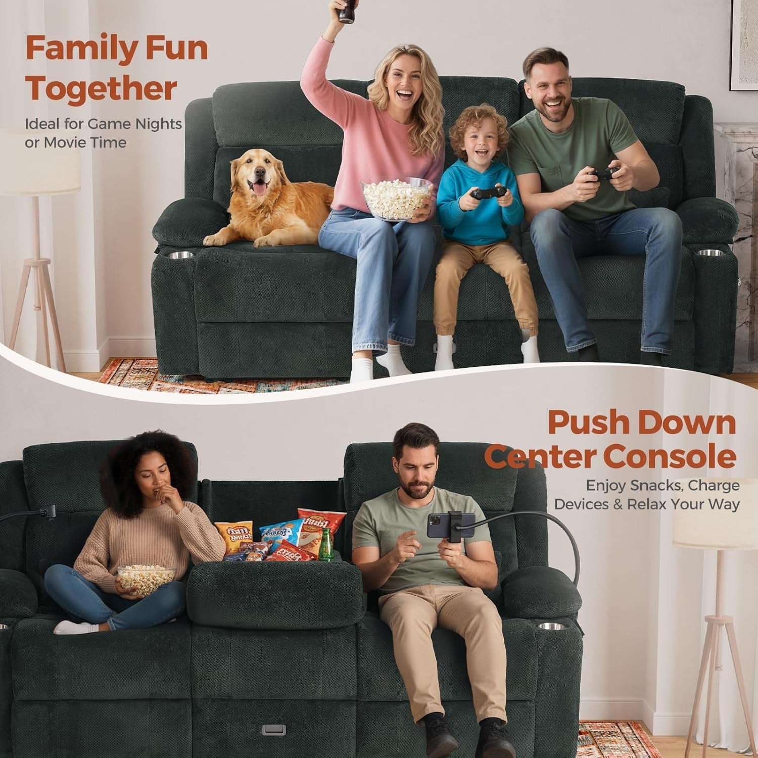 Gray Three Seater Manual Recliner Sofa With Flip Backrest