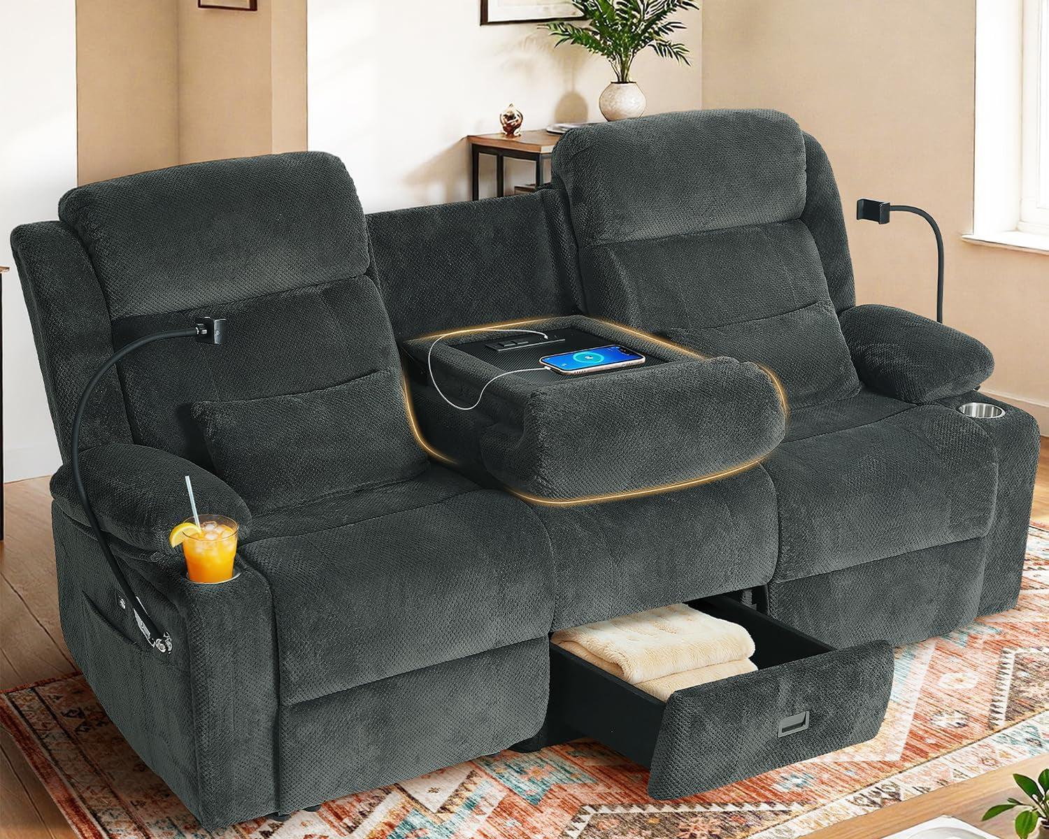 Gray Three Seater Manual Recliner Sofa With Flip Backrest