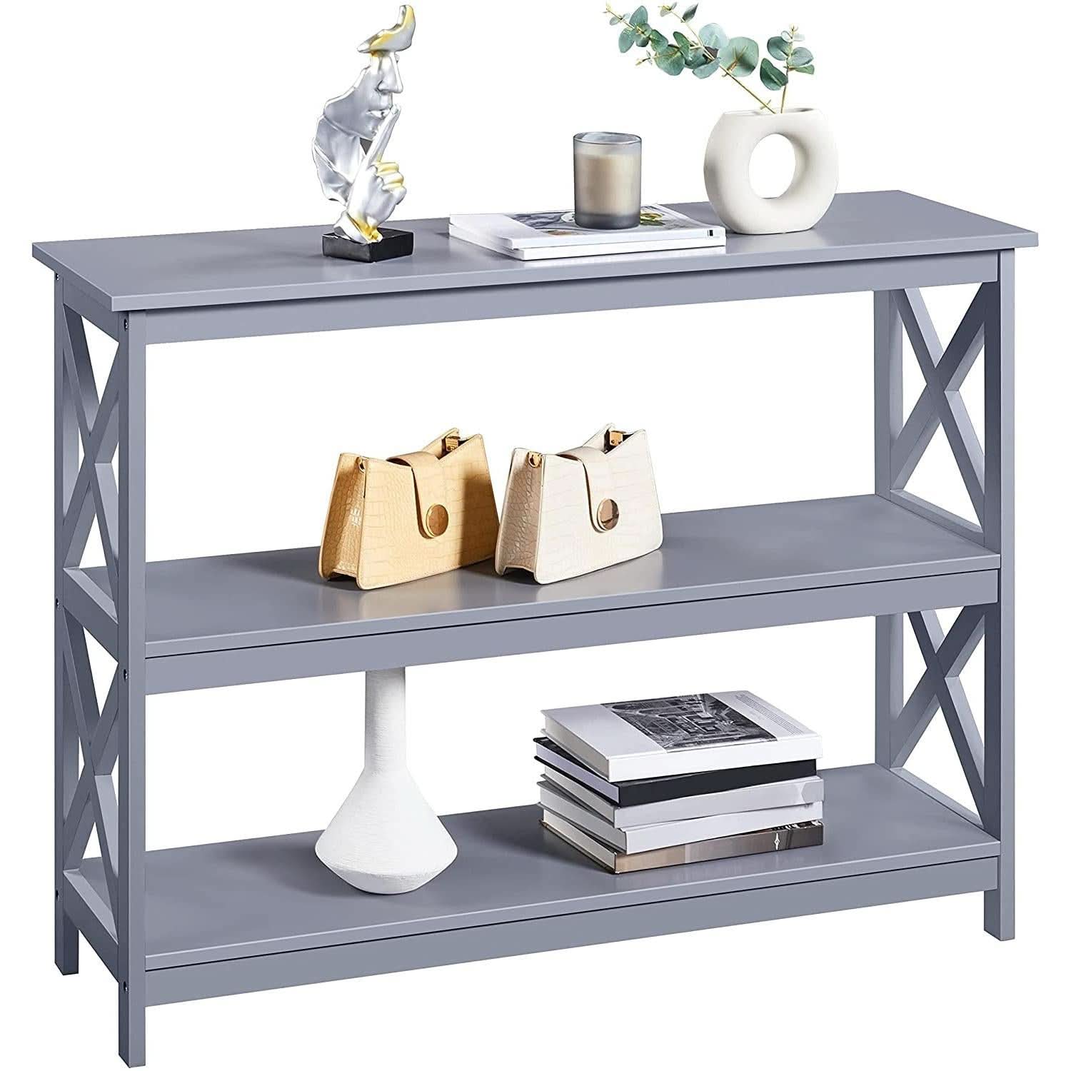 Gray Three Tier Console Table With Storage Shelves
