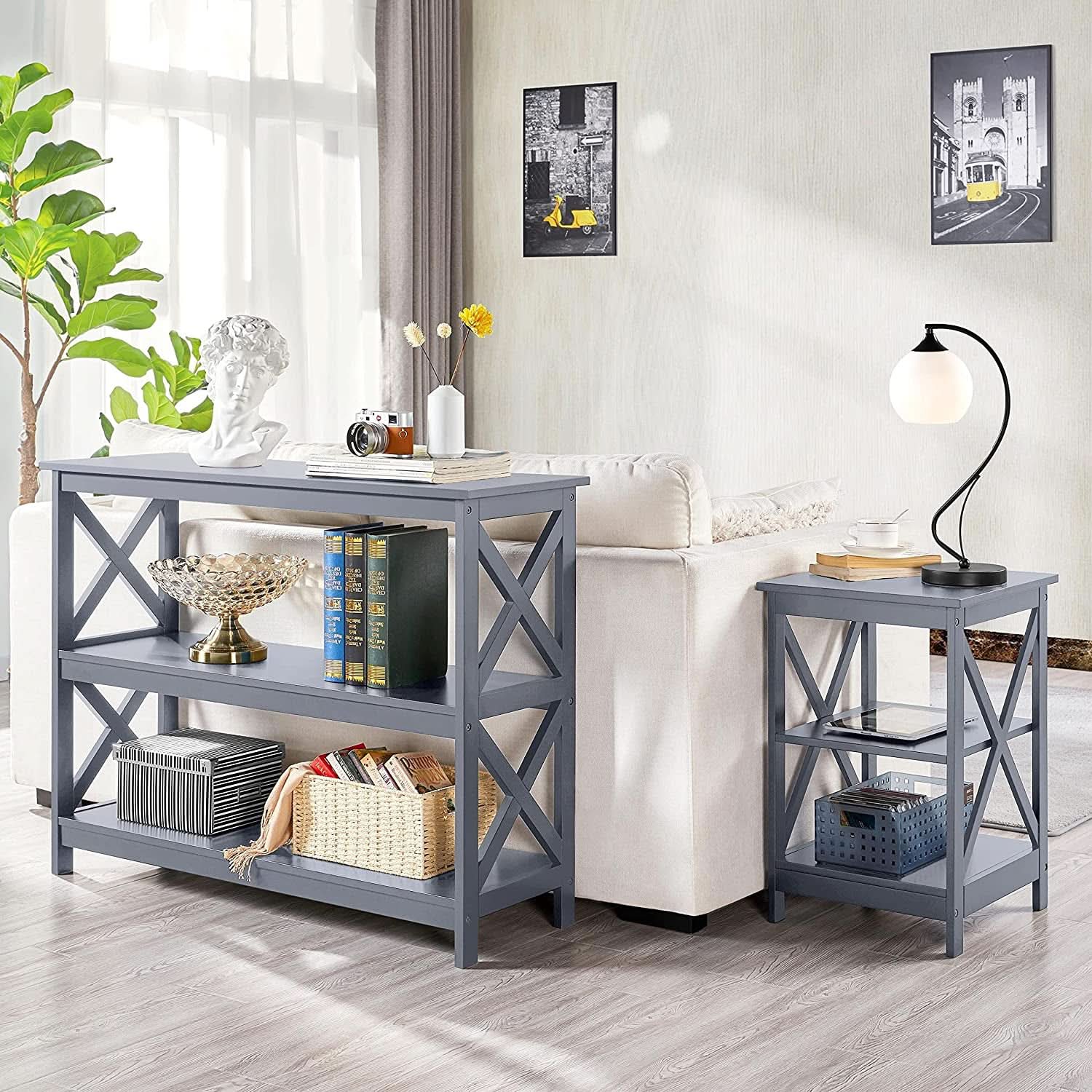 Gray Three Tier Console Table With Storage Shelves
