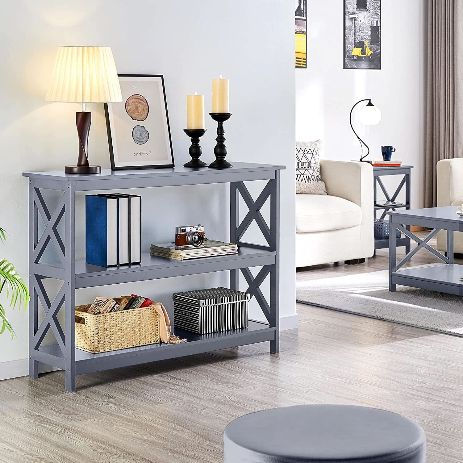 Gray Three Tier Console Table With Storage Shelves