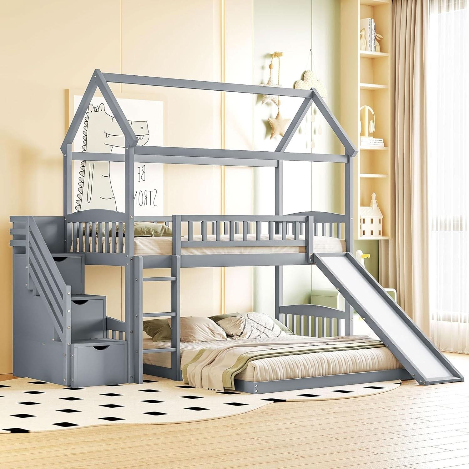 Gray Twin Loft Bunk Bed With Slide And Stairs Storage