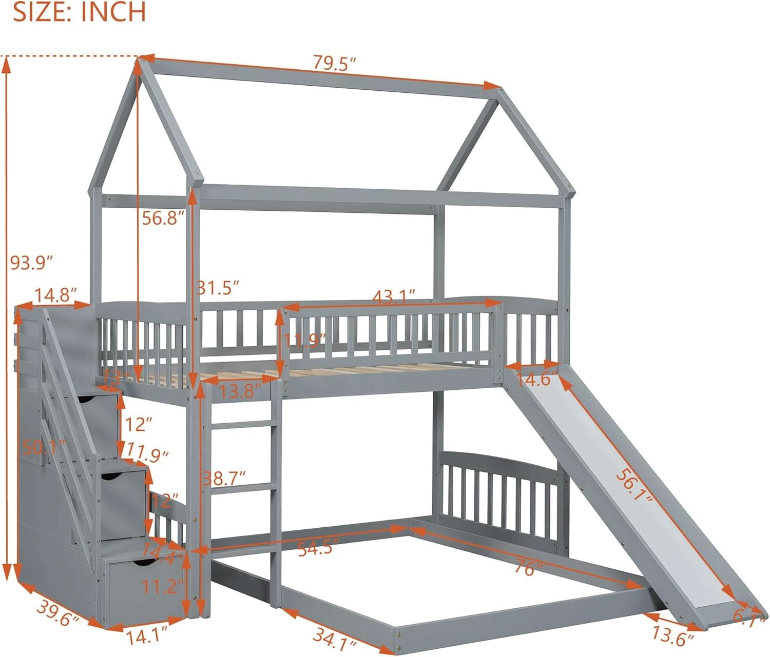 Gray Twin Loft Bunk Bed With Slide And Stairs Storage