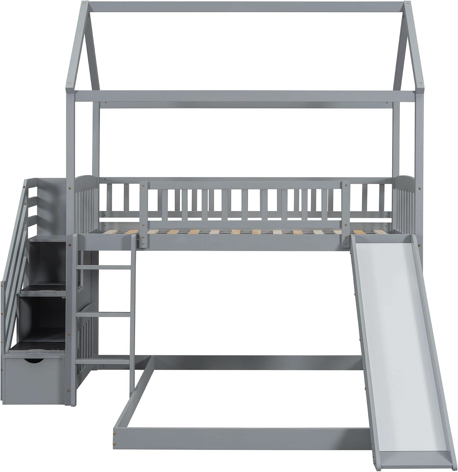 Gray Twin Loft Bunk Bed With Slide And Stairs Storage