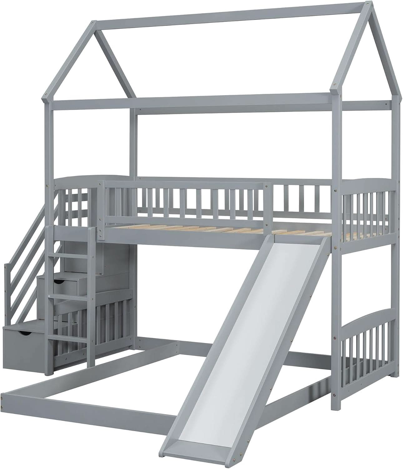 Gray Twin Loft Bunk Bed With Slide And Stairs Storage