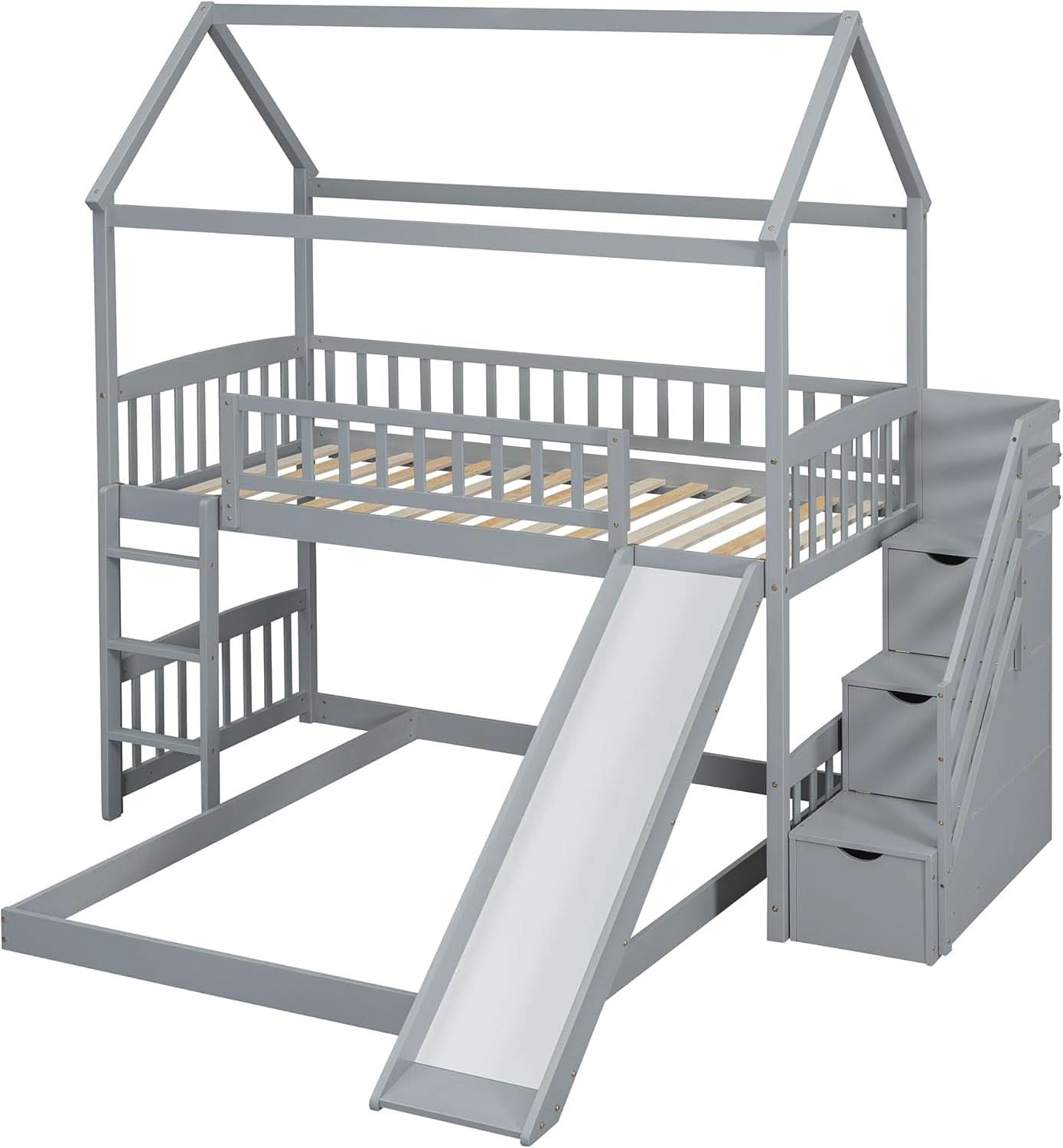 Gray Twin Loft Bunk Bed With Slide And Stairs Storage