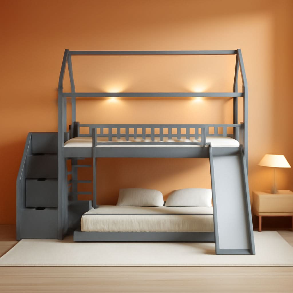 Gray Twin Loft Bunk Bed With Slide And Stairs Storage