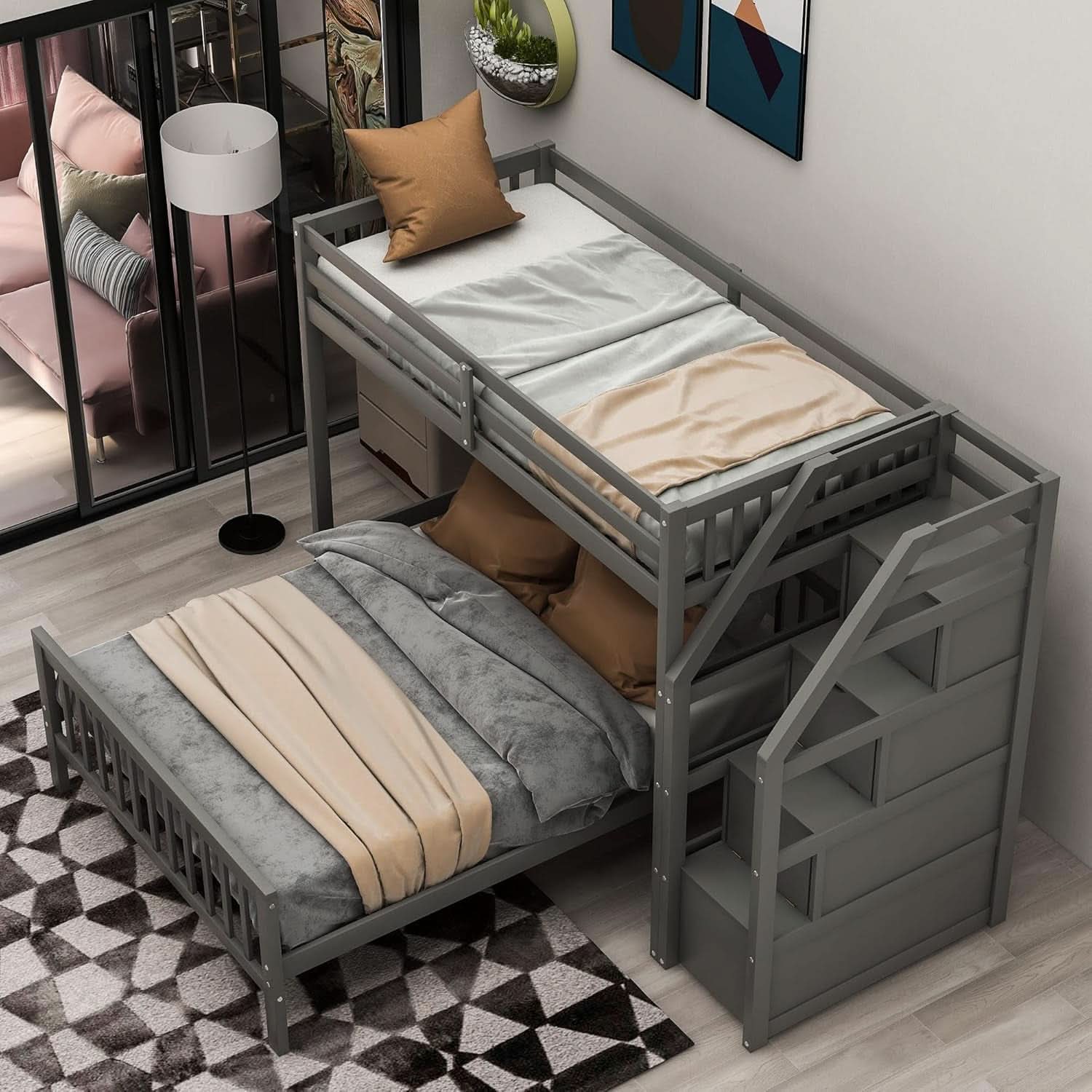 Gray Twin Over Full Bunk Bed With Storage Stairs Solid Wood