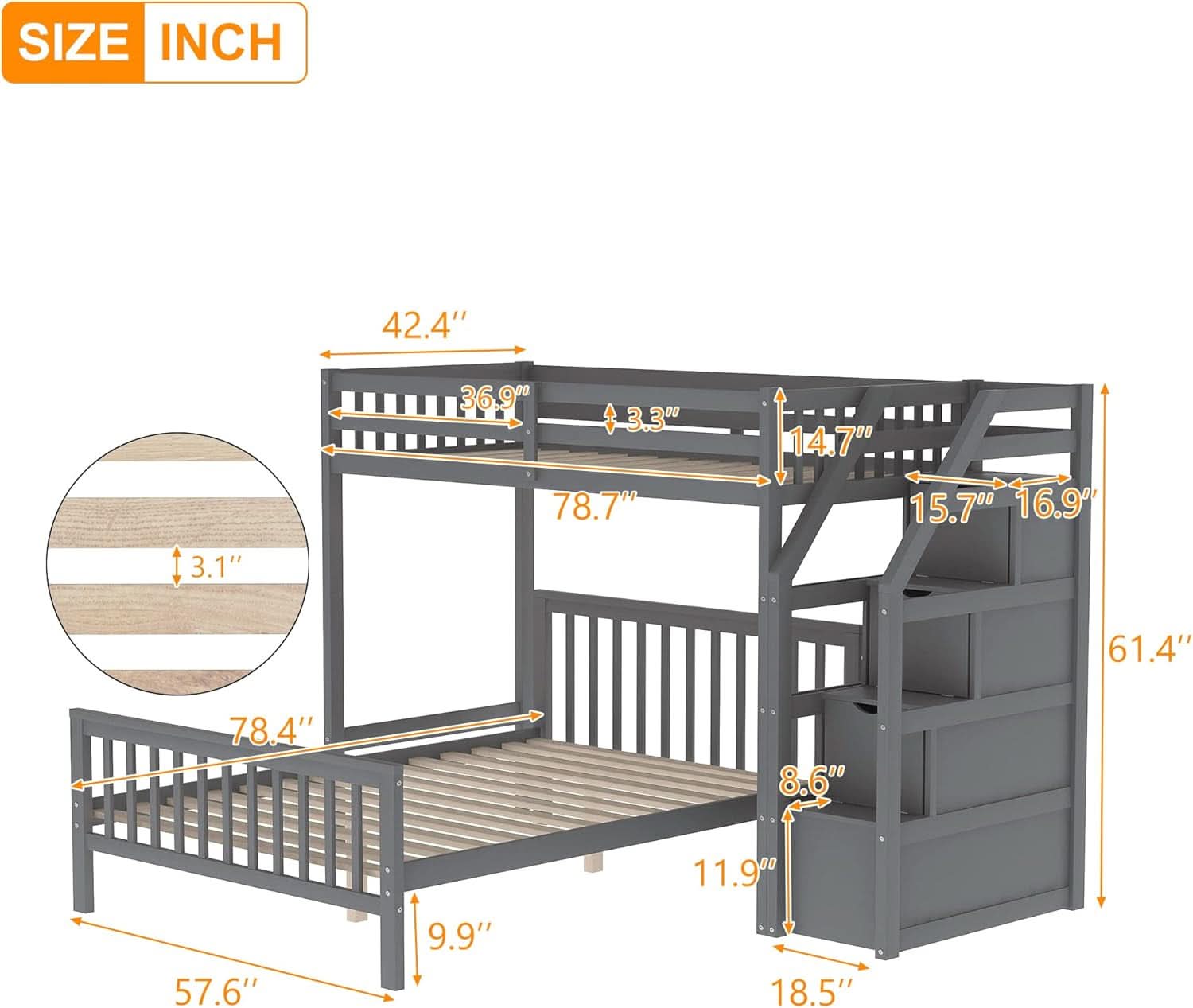 Gray Twin Over Full Bunk Bed With Storage Stairs Solid Wood