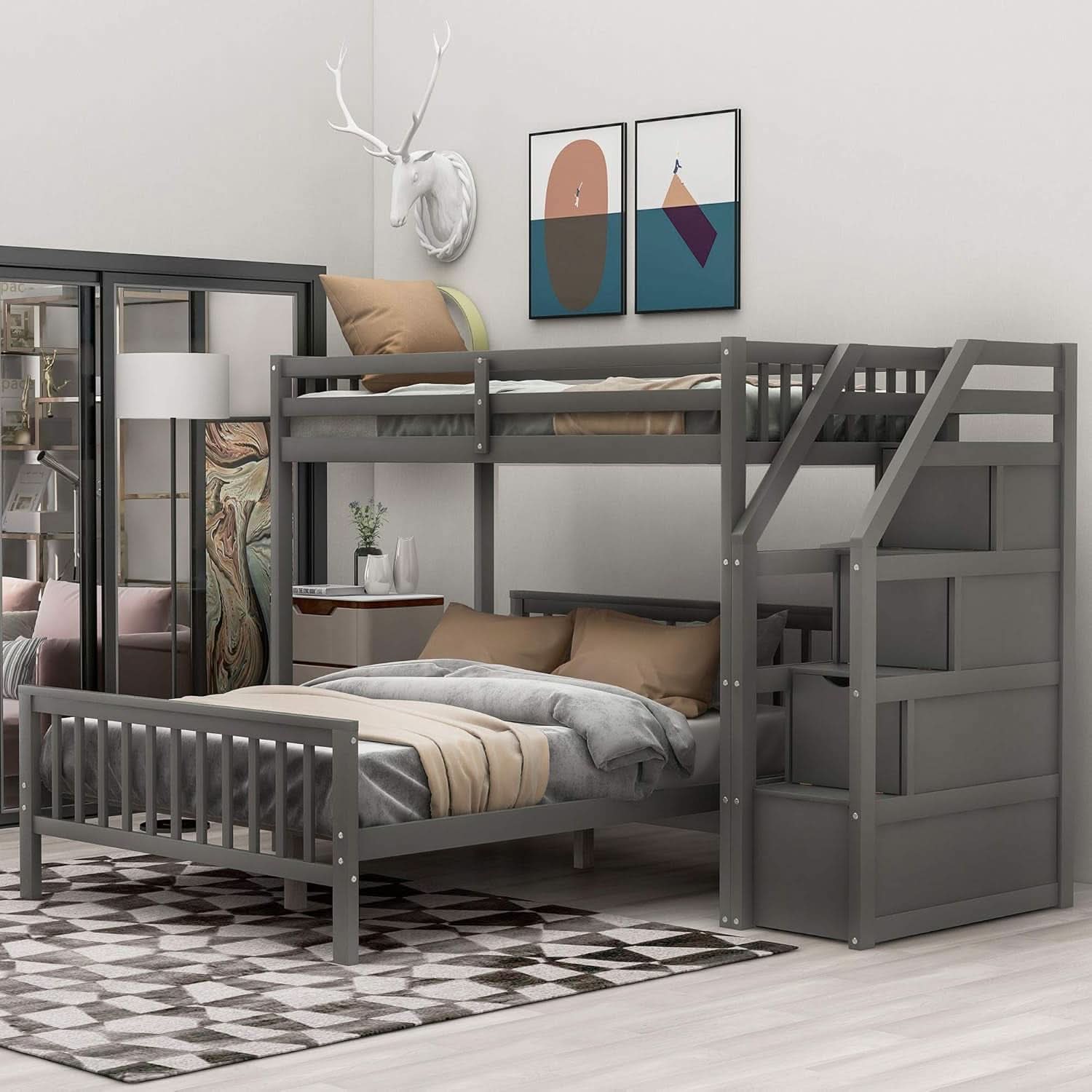 Gray Twin Over Full Bunk Bed With Storage Stairs Solid Wood